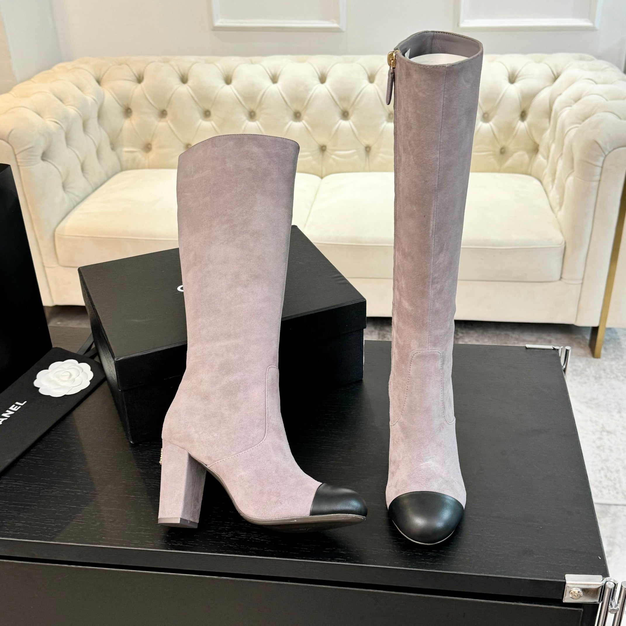 CC 26s Block Heel Long Boot 8cm Light Purple Black Suede Lambskin 957799