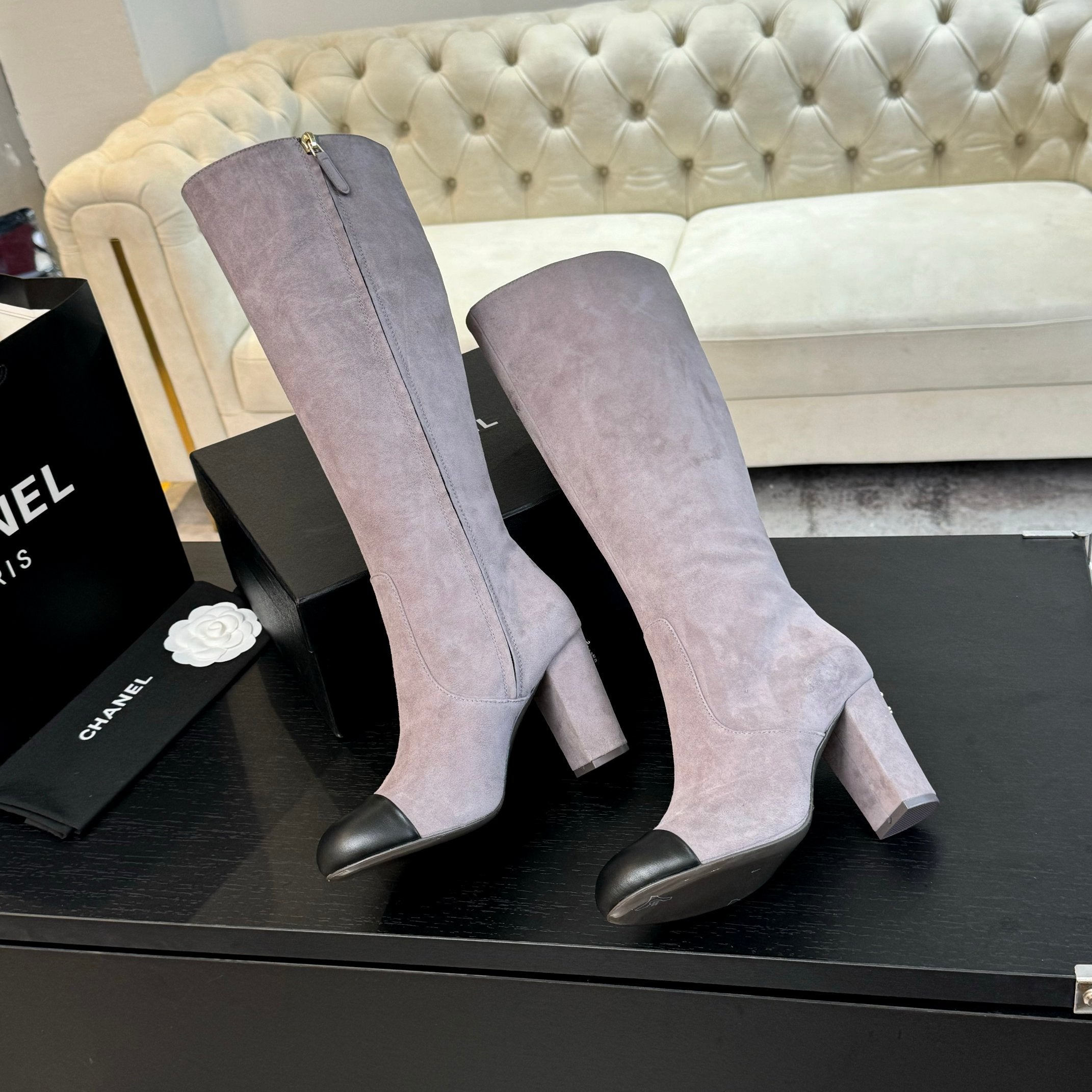 CC 26s Block Heel Long Boot 8cm Light Purple Black Suede Lambskin 957799