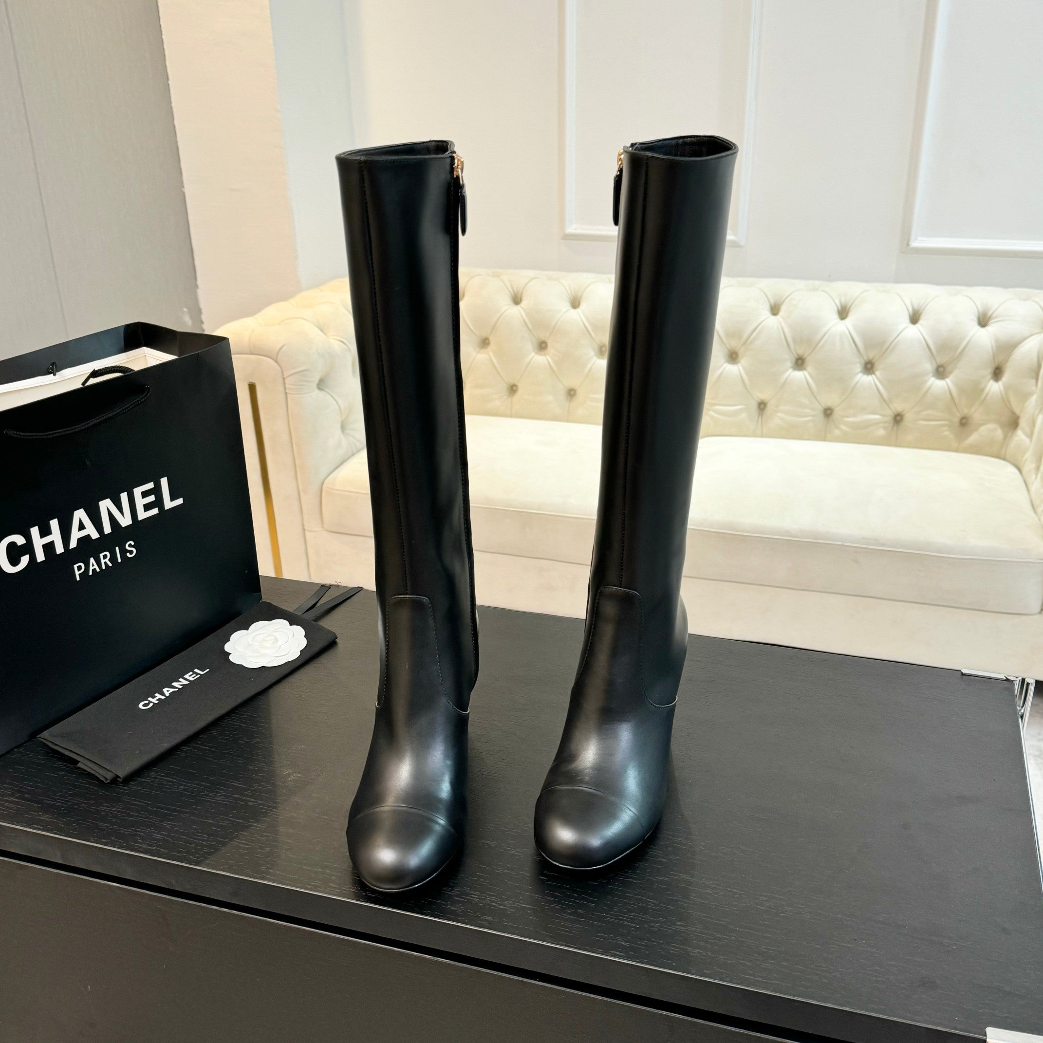 CC 26s Block Heel Long Boot 8cm Black Lambskin 957800