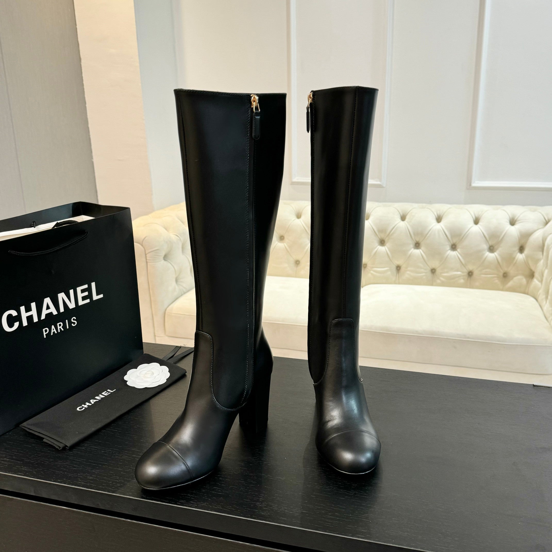 CC 26s Block Heel Long Boot 8cm Black Lambskin 957800