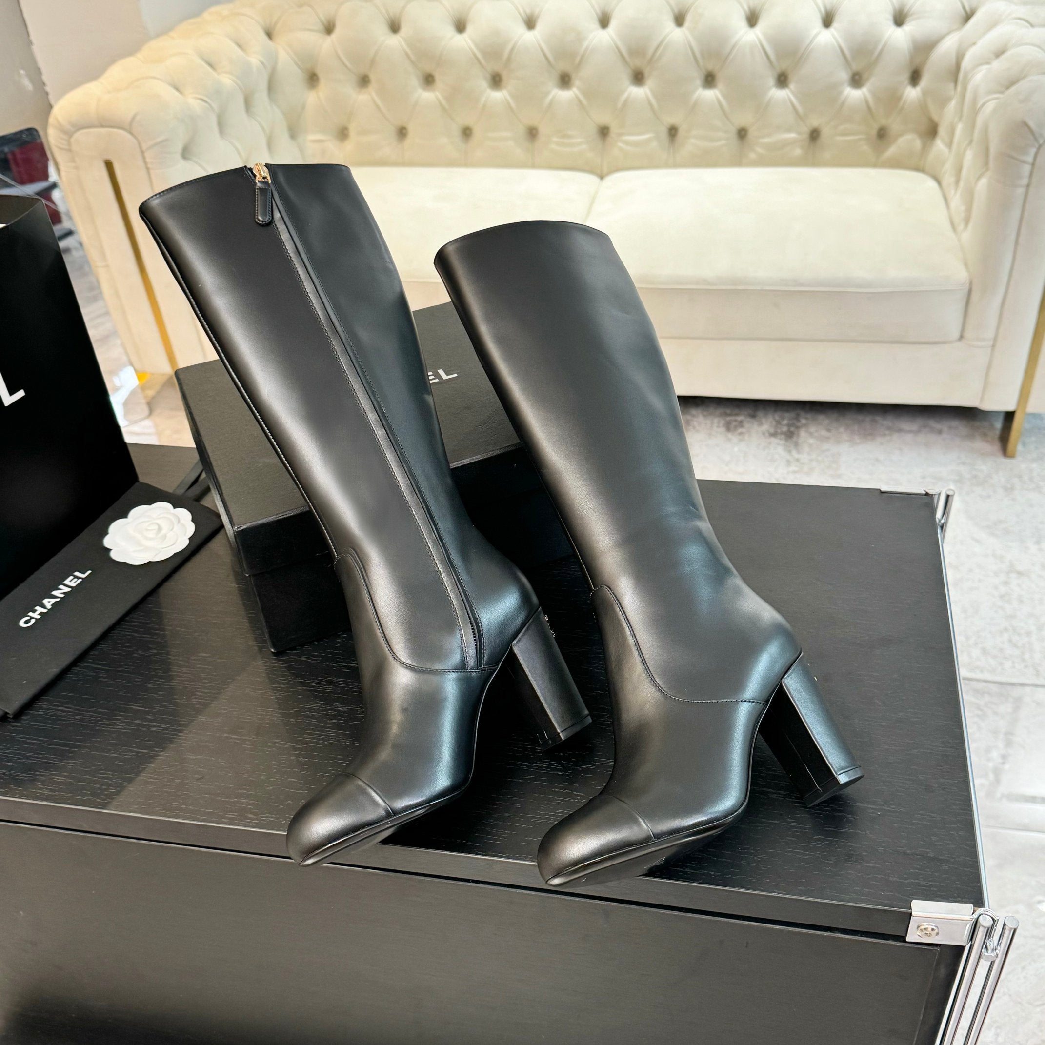 CC 26s Block Heel Long Boot 8cm Black Lambskin 957800