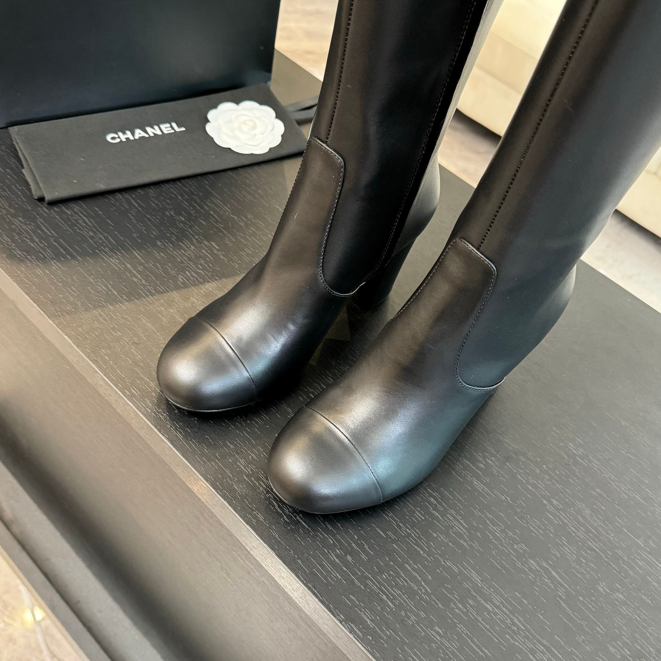 CC 26s Block Heel Long Boot 8cm Black Lambskin 957800