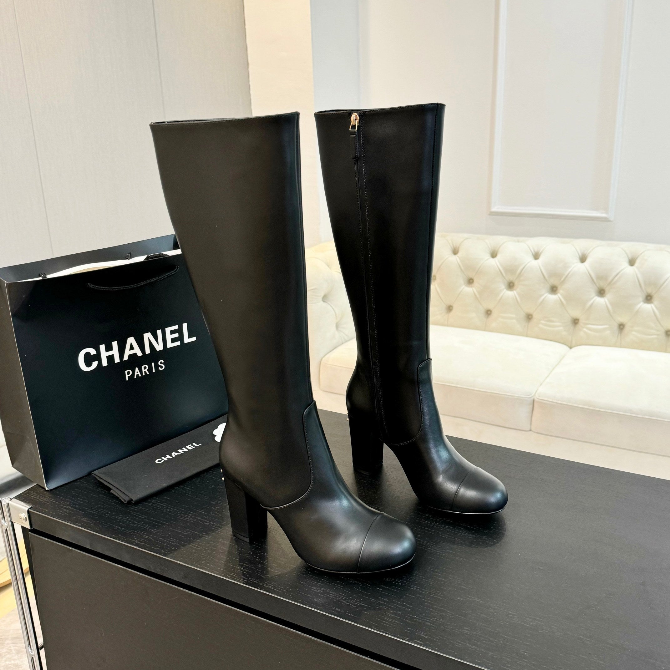 CC 26s Block Heel Long Boot 8cm Black Lambskin 957800