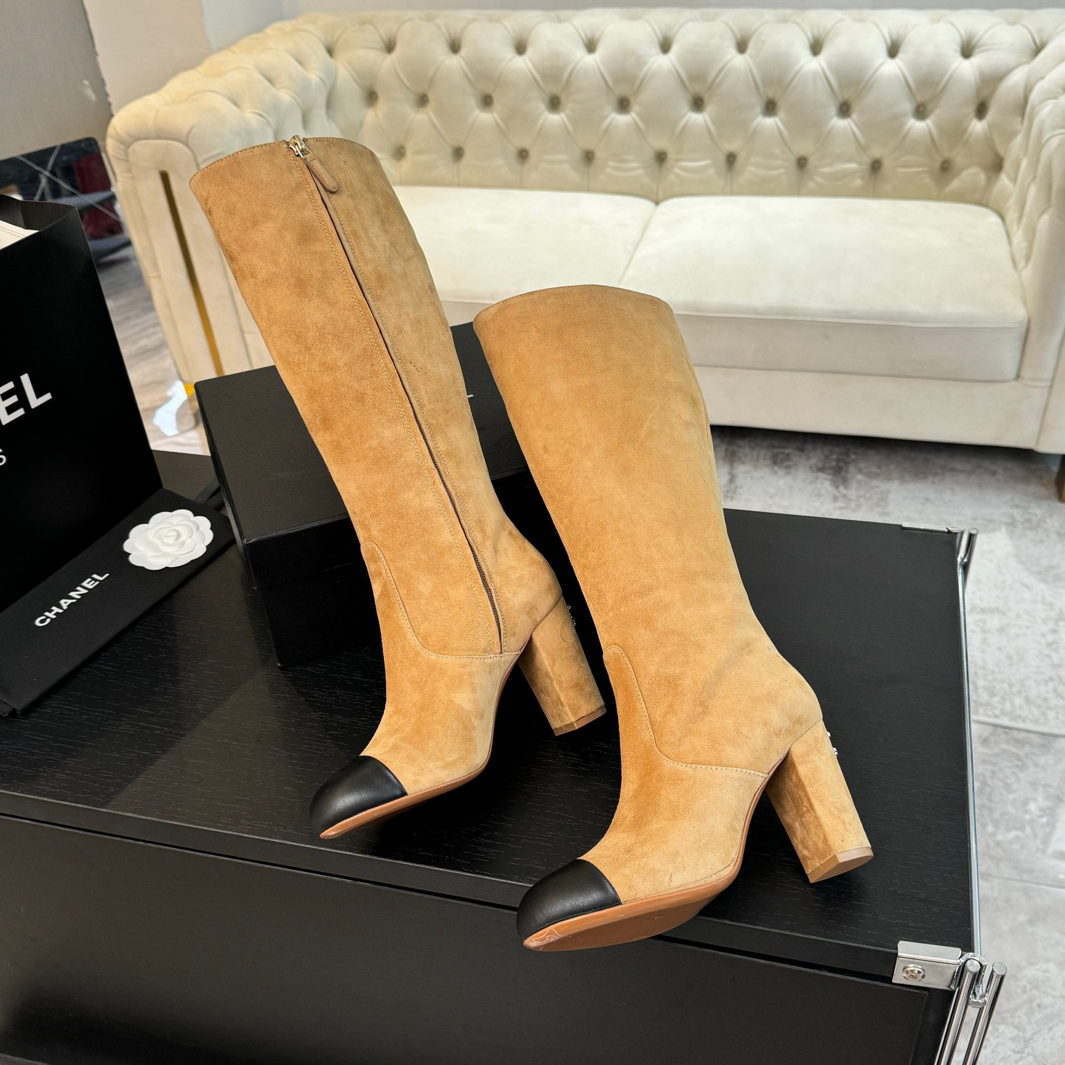 CC 26s Block Heel Long Boot 8cm Beige Black Suede Lambskin 957801