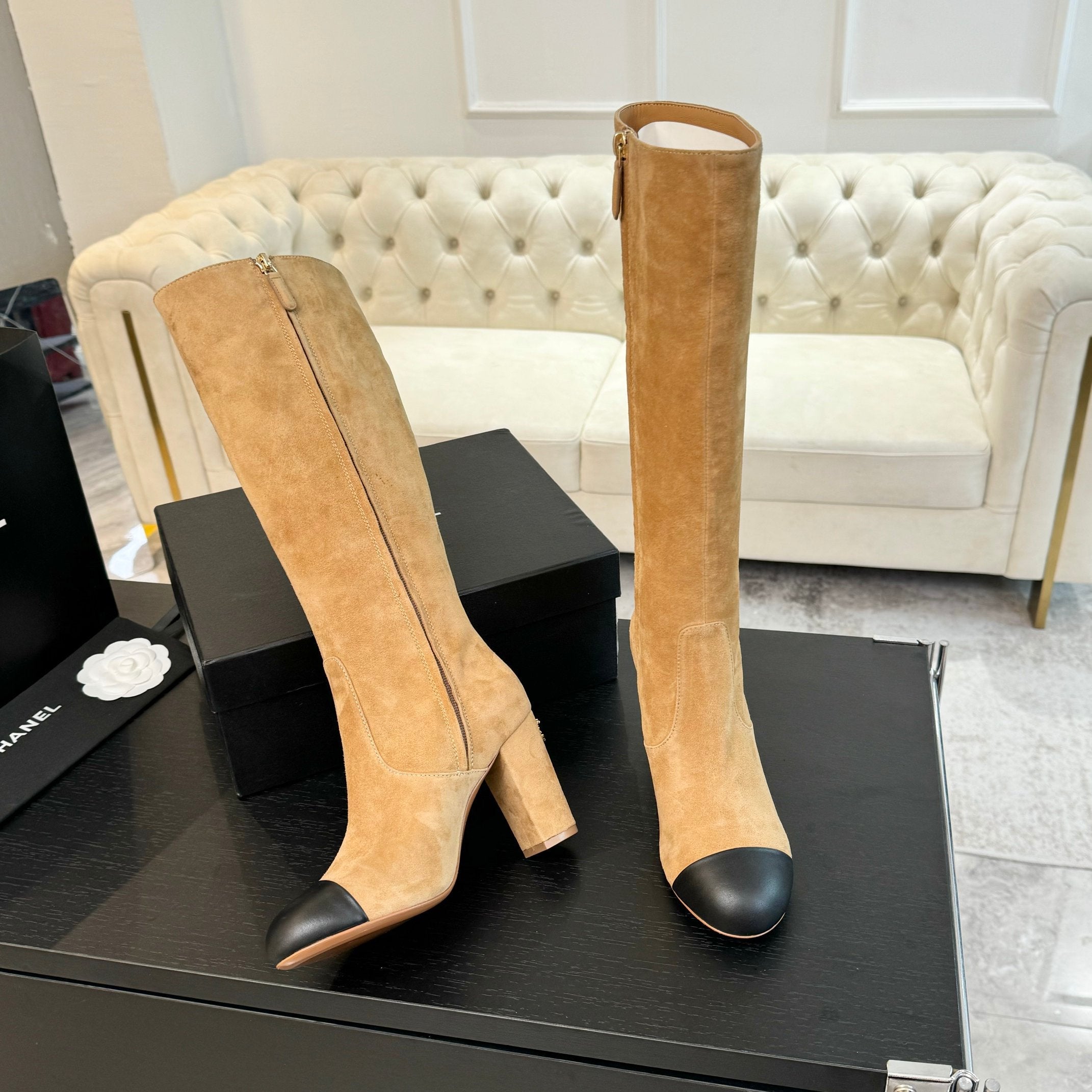 CC 26s Block Heel Long Boot 8cm Beige Black Suede Lambskin 957801