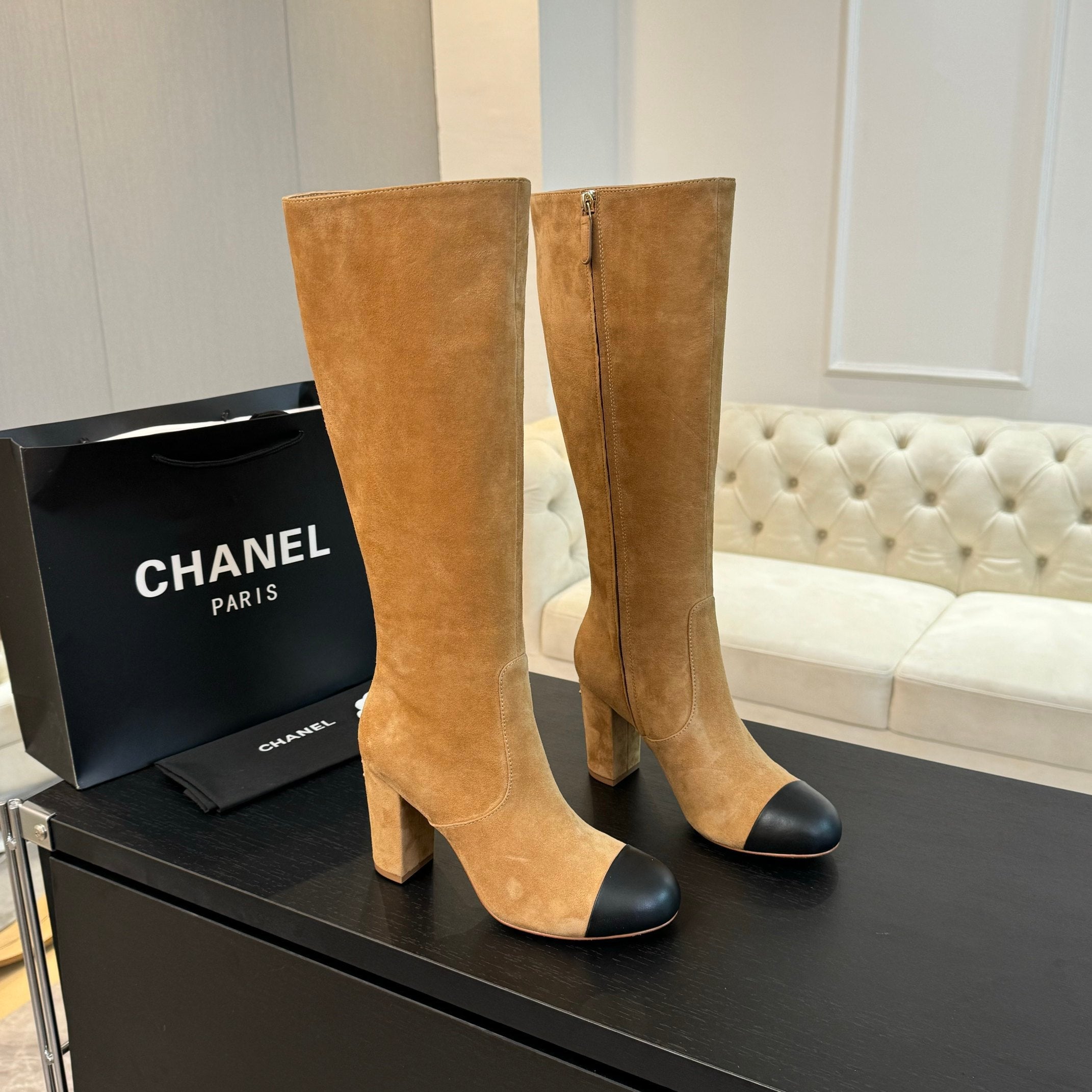 CC 26s Block Heel Long Boot 8cm Beige Black Suede Lambskin 957801