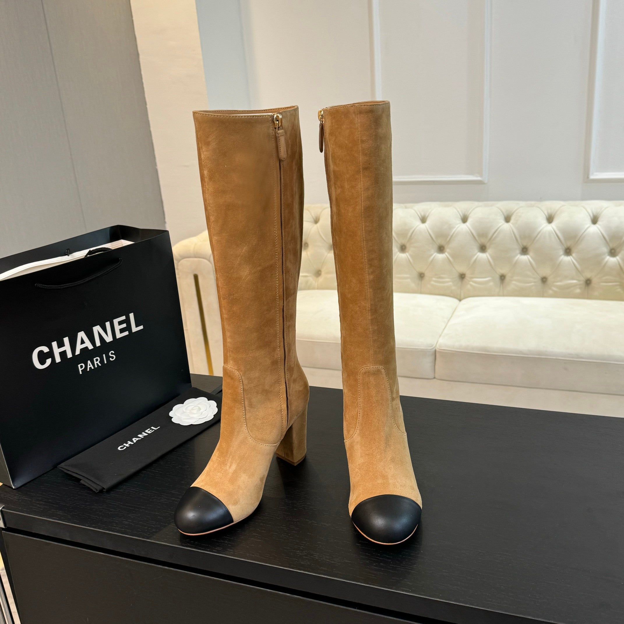 CC 26s Block Heel Long Boot 8cm Beige Black Suede Lambskin 957801