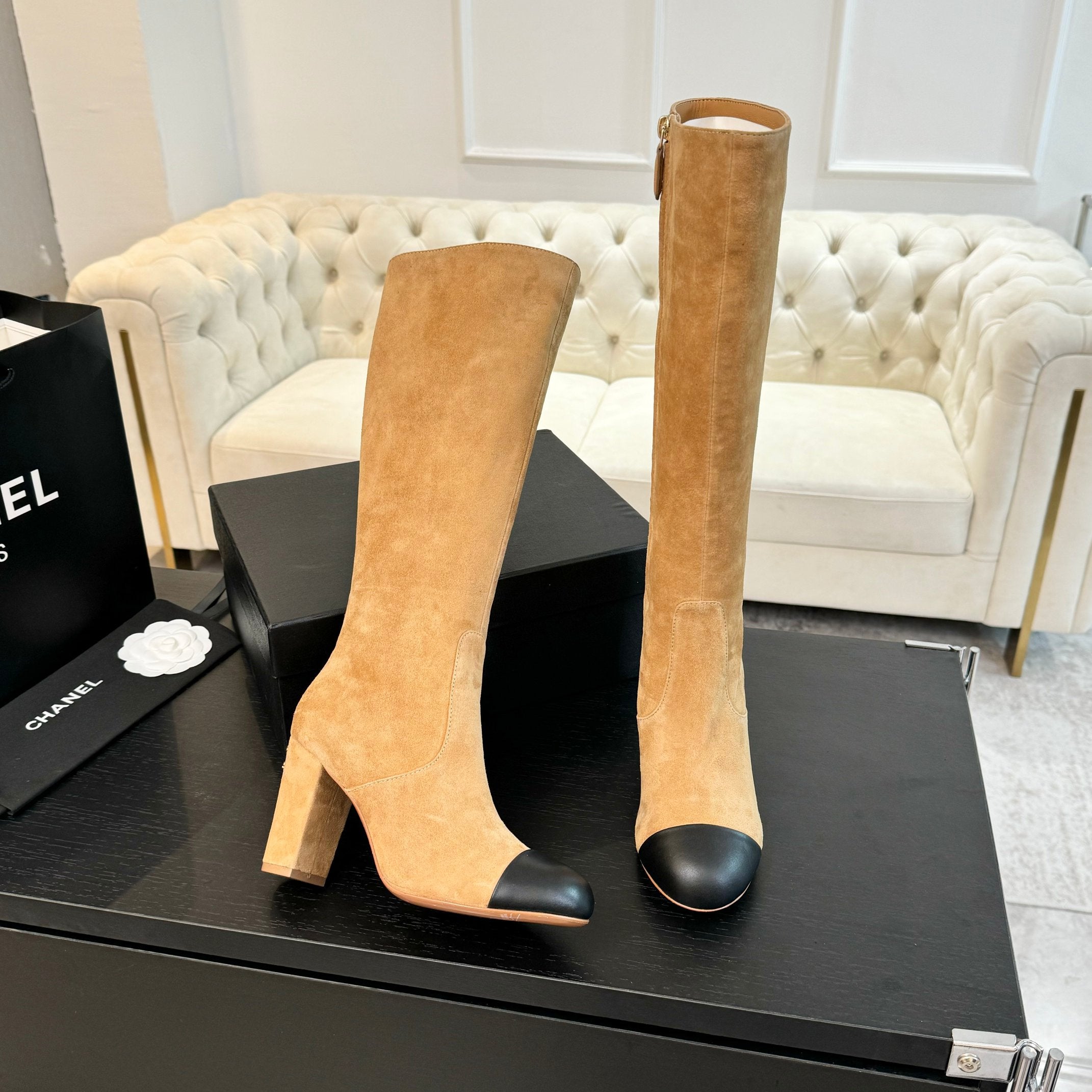 CC 26s Block Heel Long Boot 8cm Beige Black Suede Lambskin 957801