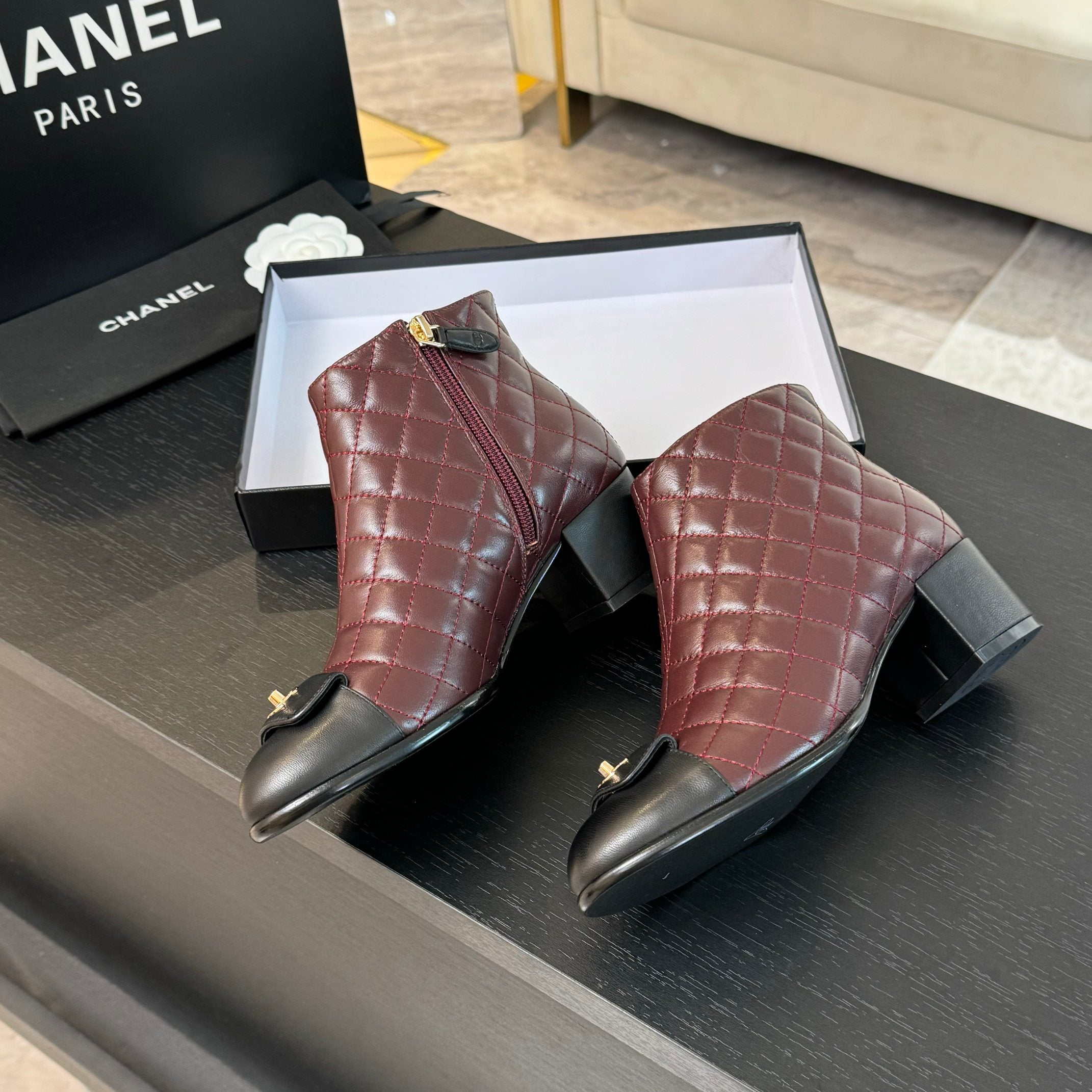 CC Ankle Boots 50mm Burgundy Black Quilted Lambskin