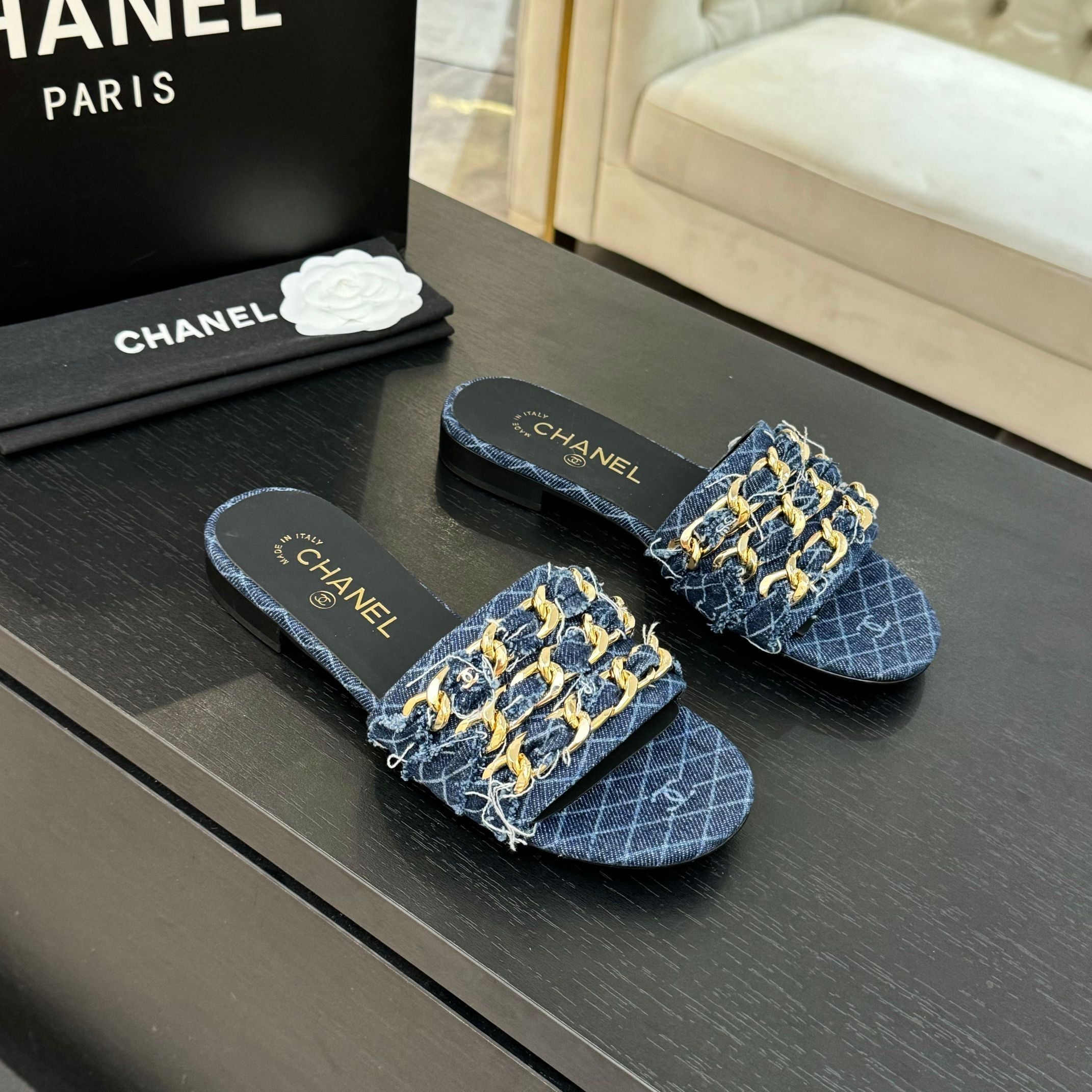 CC 25B Flat Mule Sandals Navy Blue Denim With Chain 373812