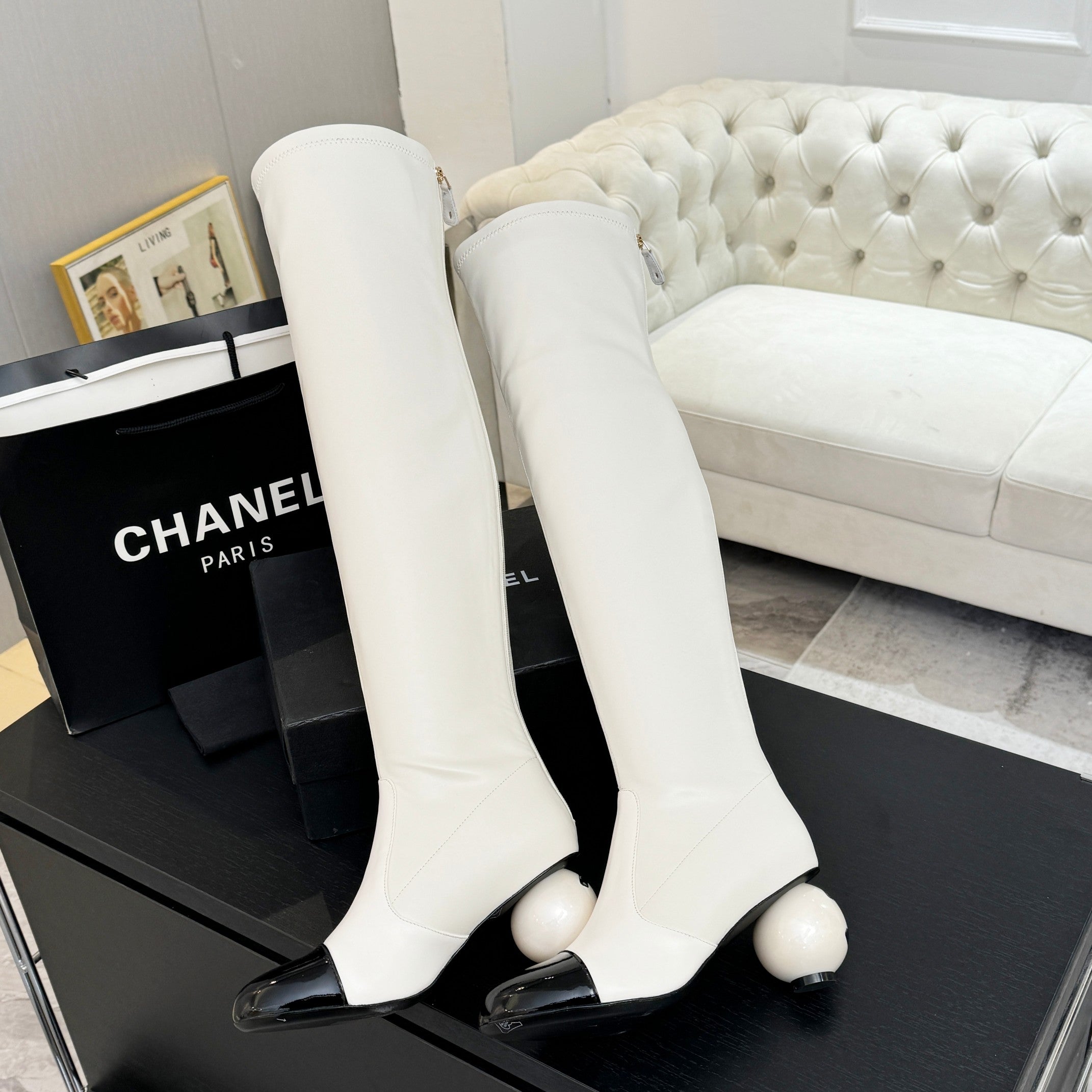 CC 25A Double C Giant Pearl Heel Boots 50mm Black White  Cowhide 454945