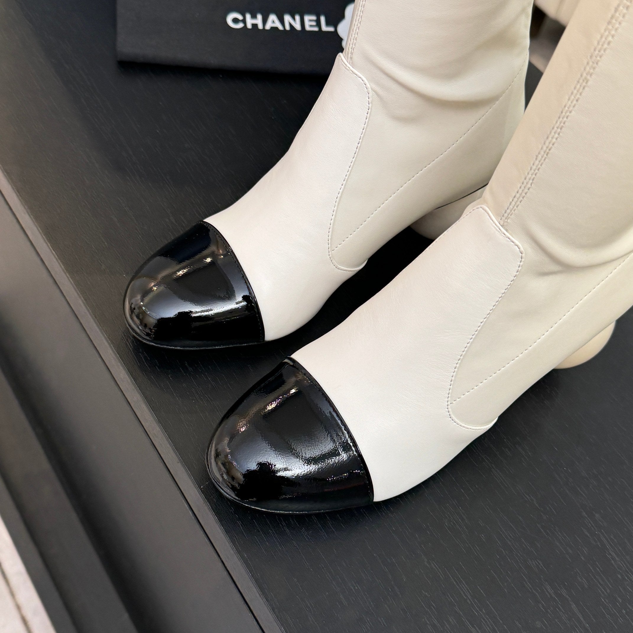 CC 25A Double C Giant Pearl Heel Boots 50mm Black White  Cowhide 454945