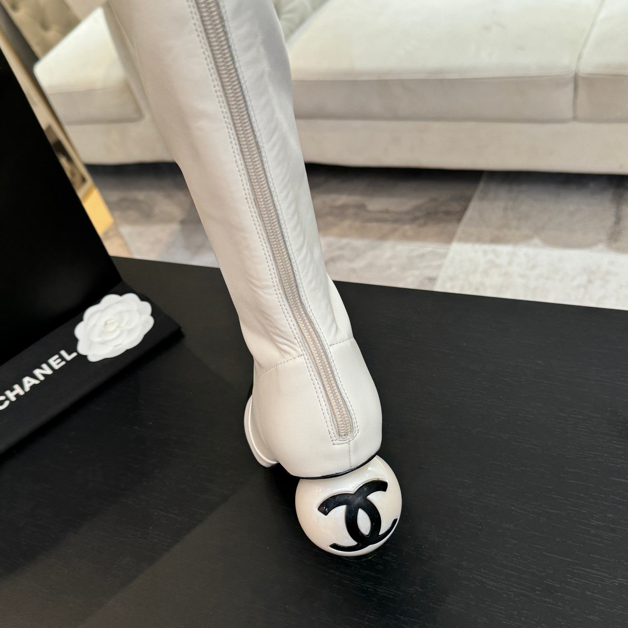 CC 25A Double C Giant Pearl Heel Boots 50mm Black White  Cowhide 454945