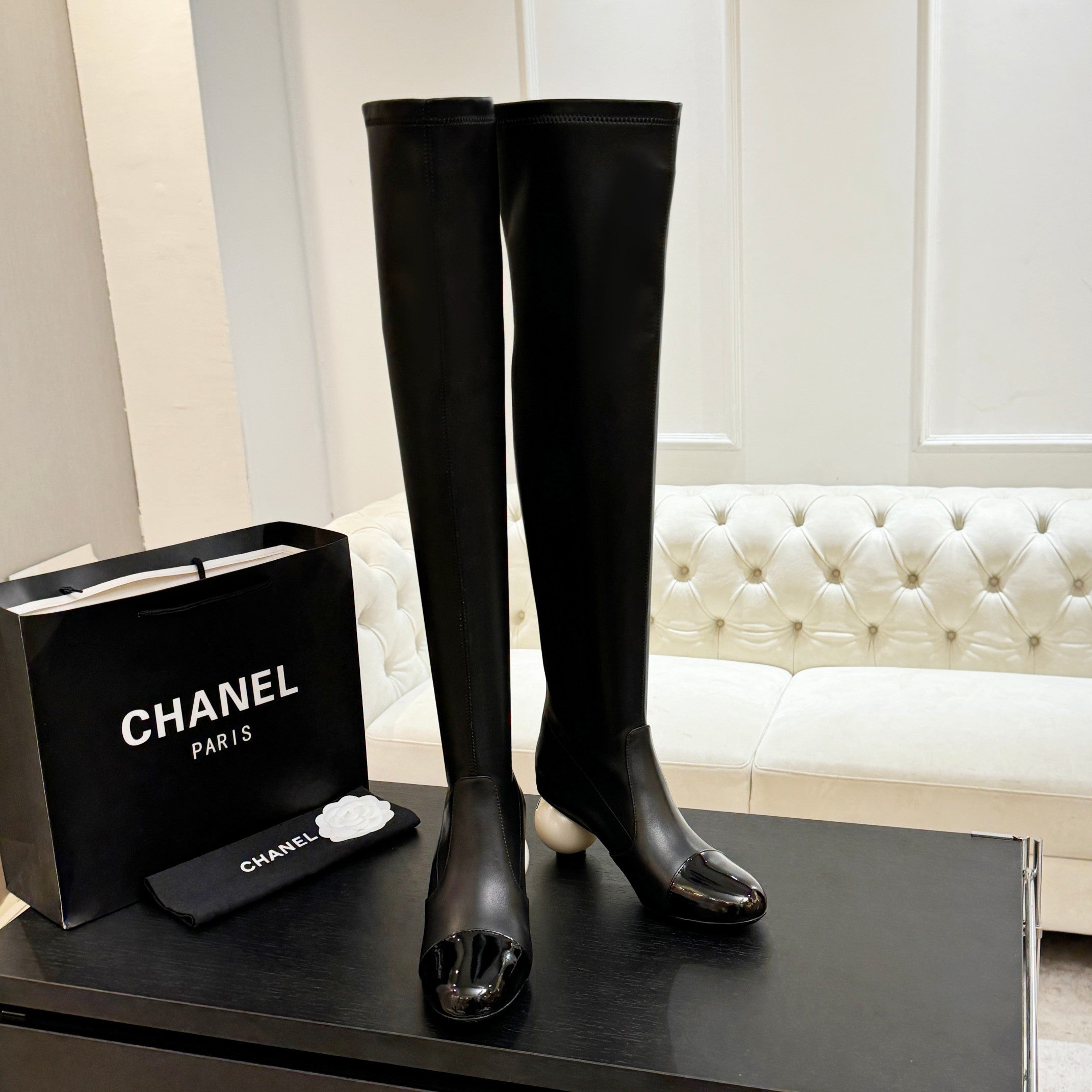 CC 25A Double C Giant Pearl Heel Boots 50mm Black Cowhide 454946