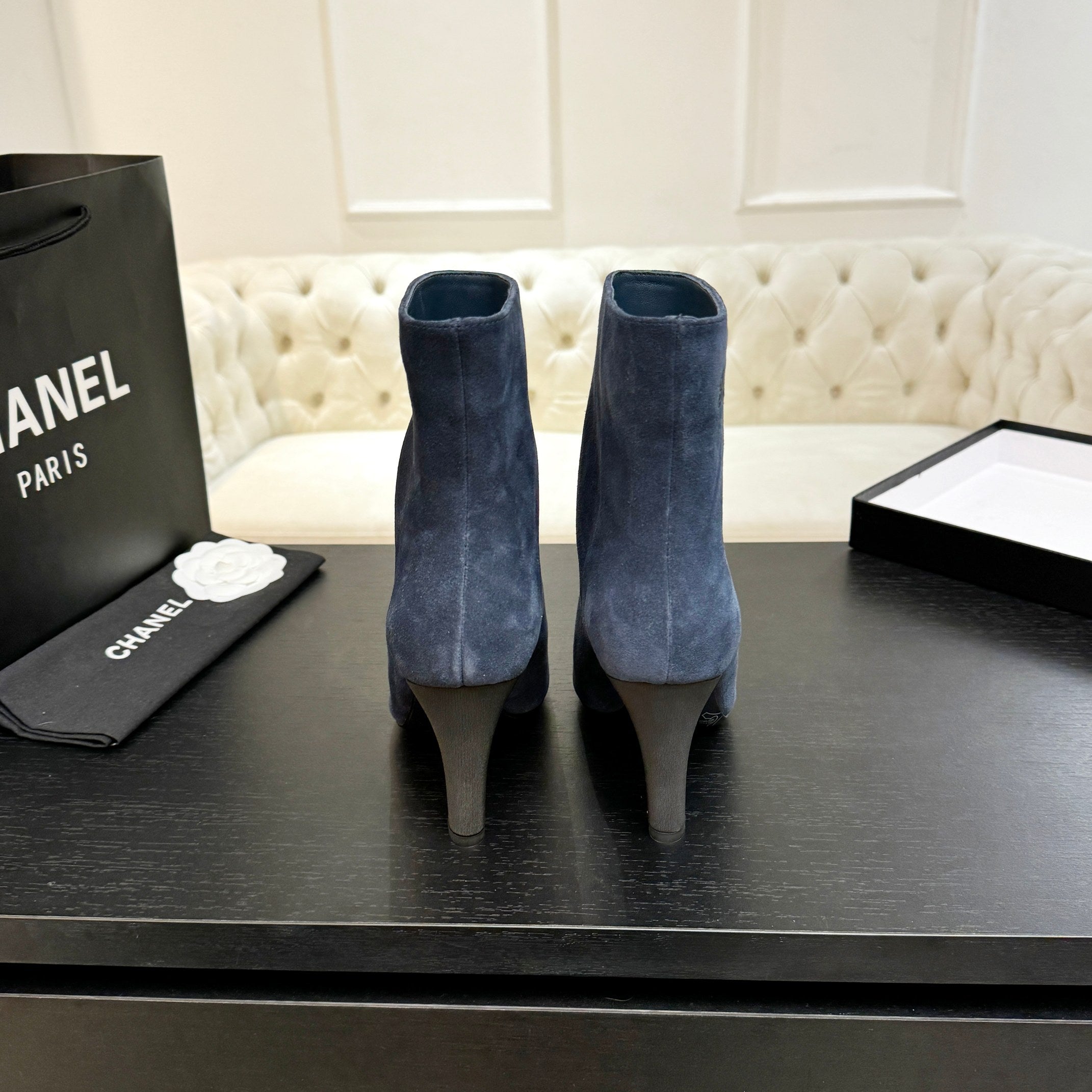 CC Gabrielle Chanel Ankle  Boots 8.5cm Dark Blue Suede Black Fabric