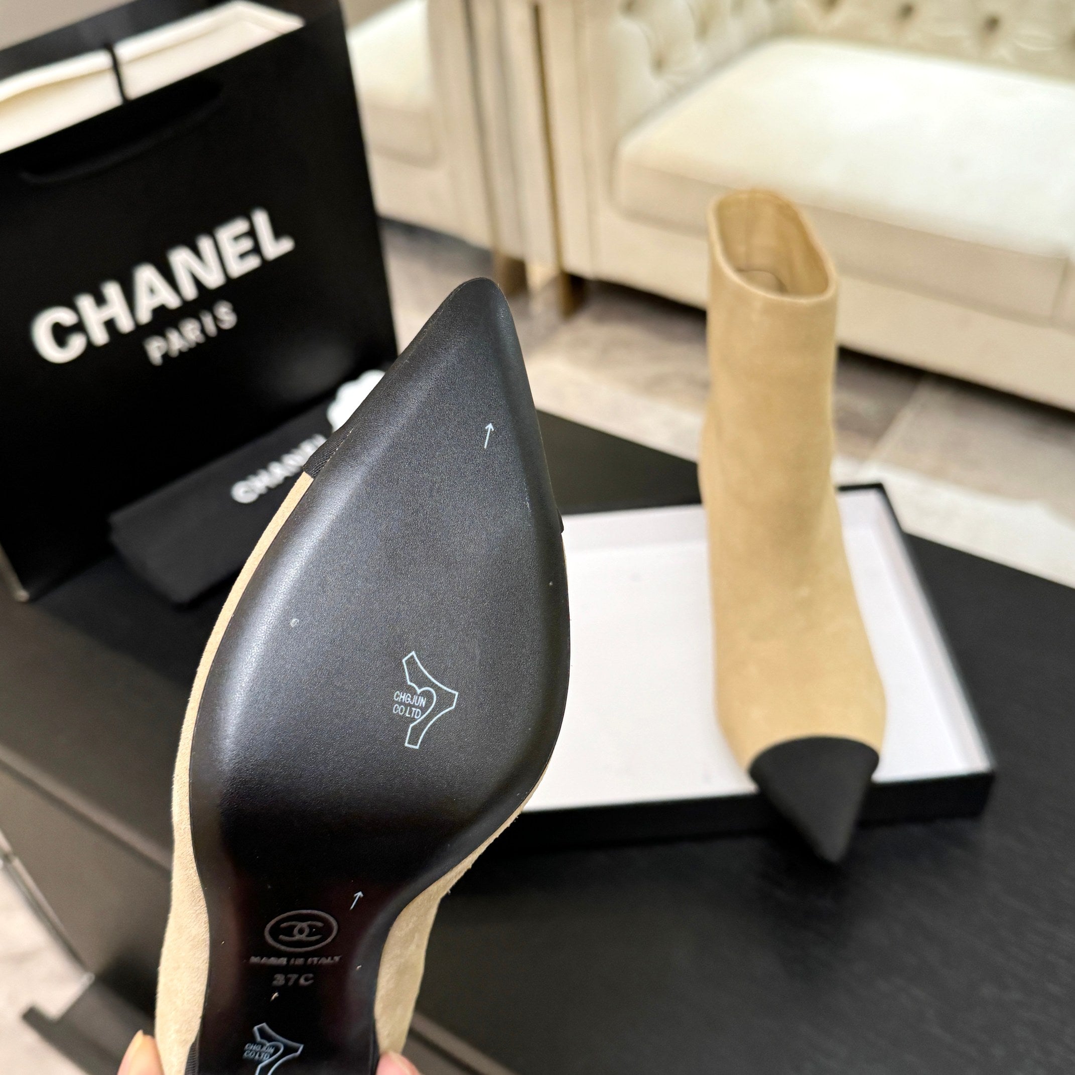 CC Gabrielle Chanel Ankle Boots 8.5cm Beige Suede Black Fabric