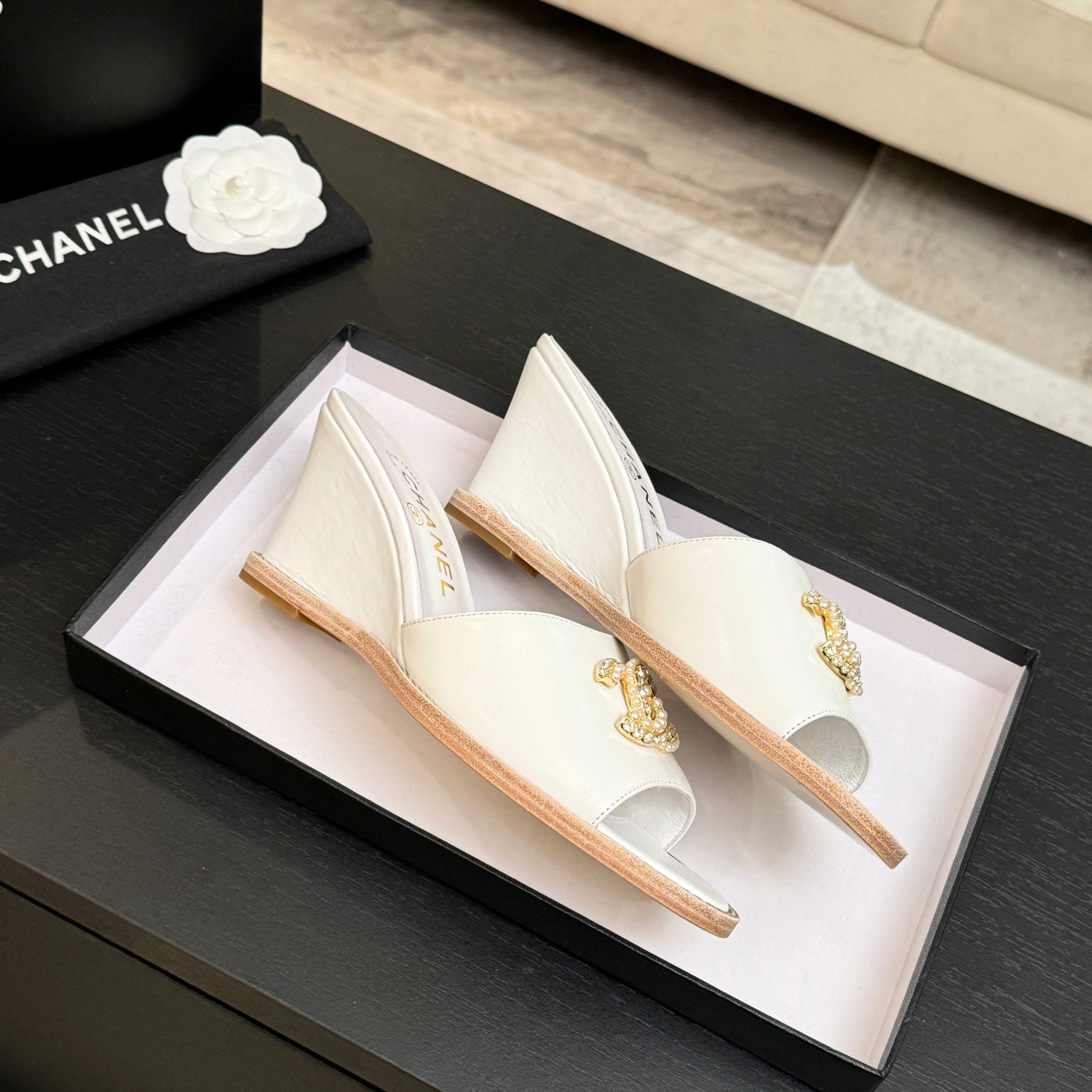 CC 26C Wedge Sandals White Gold Lambskin 672980