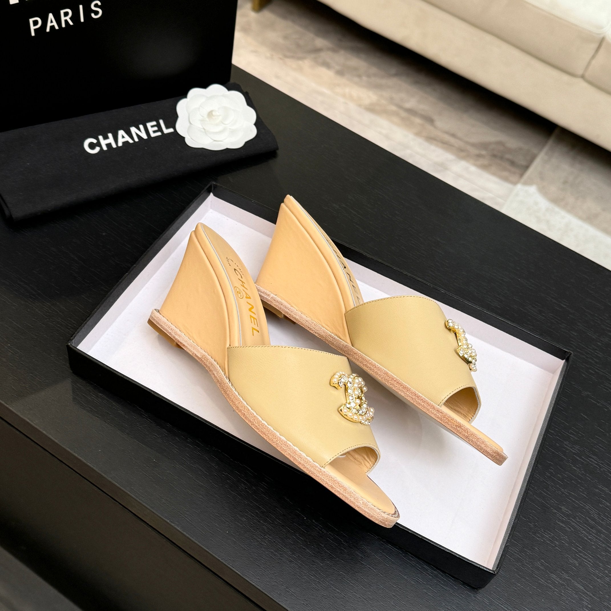 CC 26C Wedge Sandals Beige Lambskin 672983
