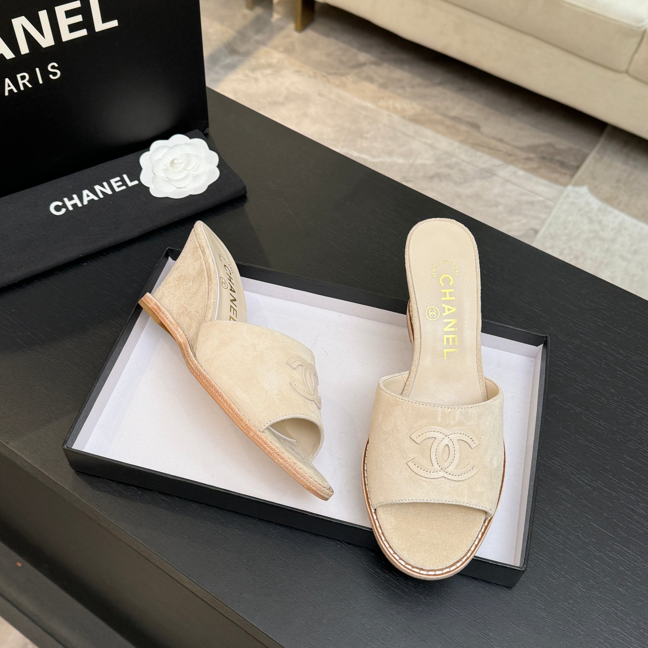 CC 26C Wedge Sandals Ivory Suede Suede