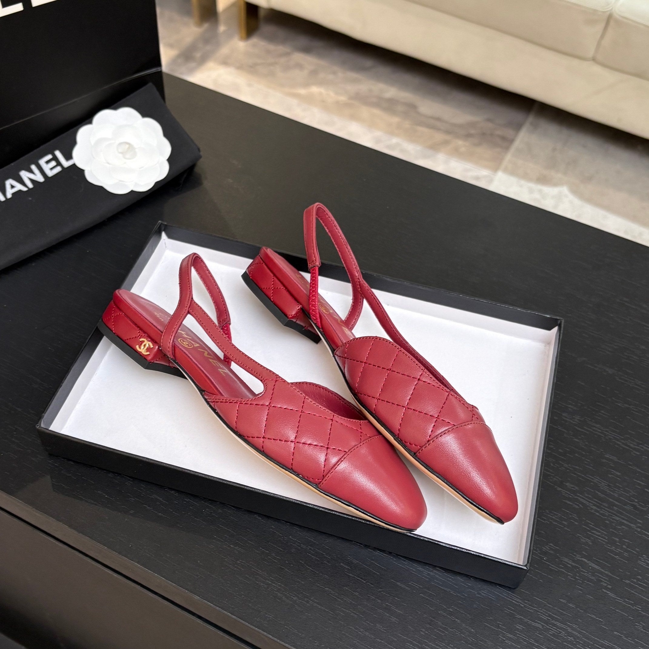 CC 26s Block Heel Slingback 1.5cm Burgundy Quilted Lambskin 957981