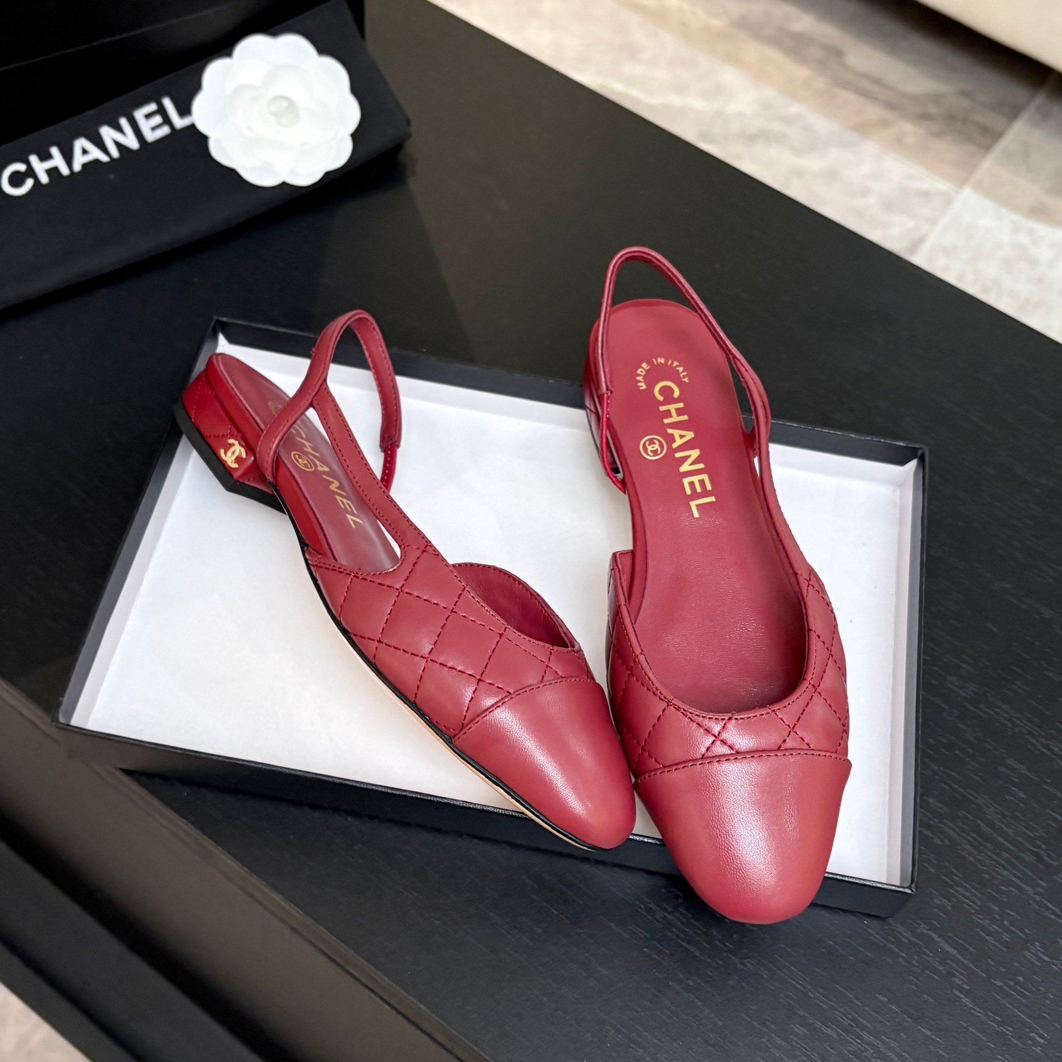 CC 26s Block Heel Slingback 1.5cm Burgundy Quilted Lambskin 957981