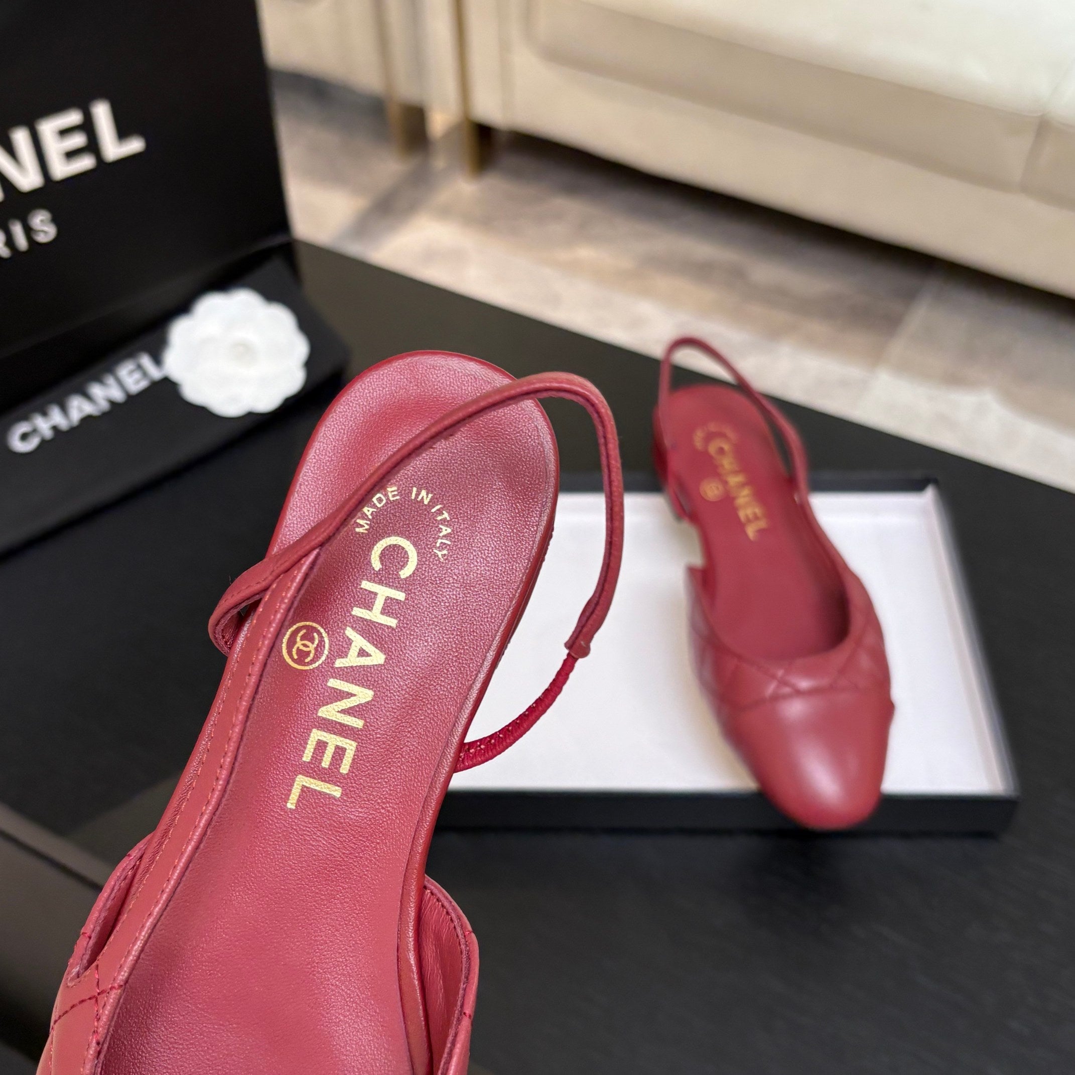 CC 26s Block Heel Slingback 1.5cm Burgundy Quilted Lambskin 957981