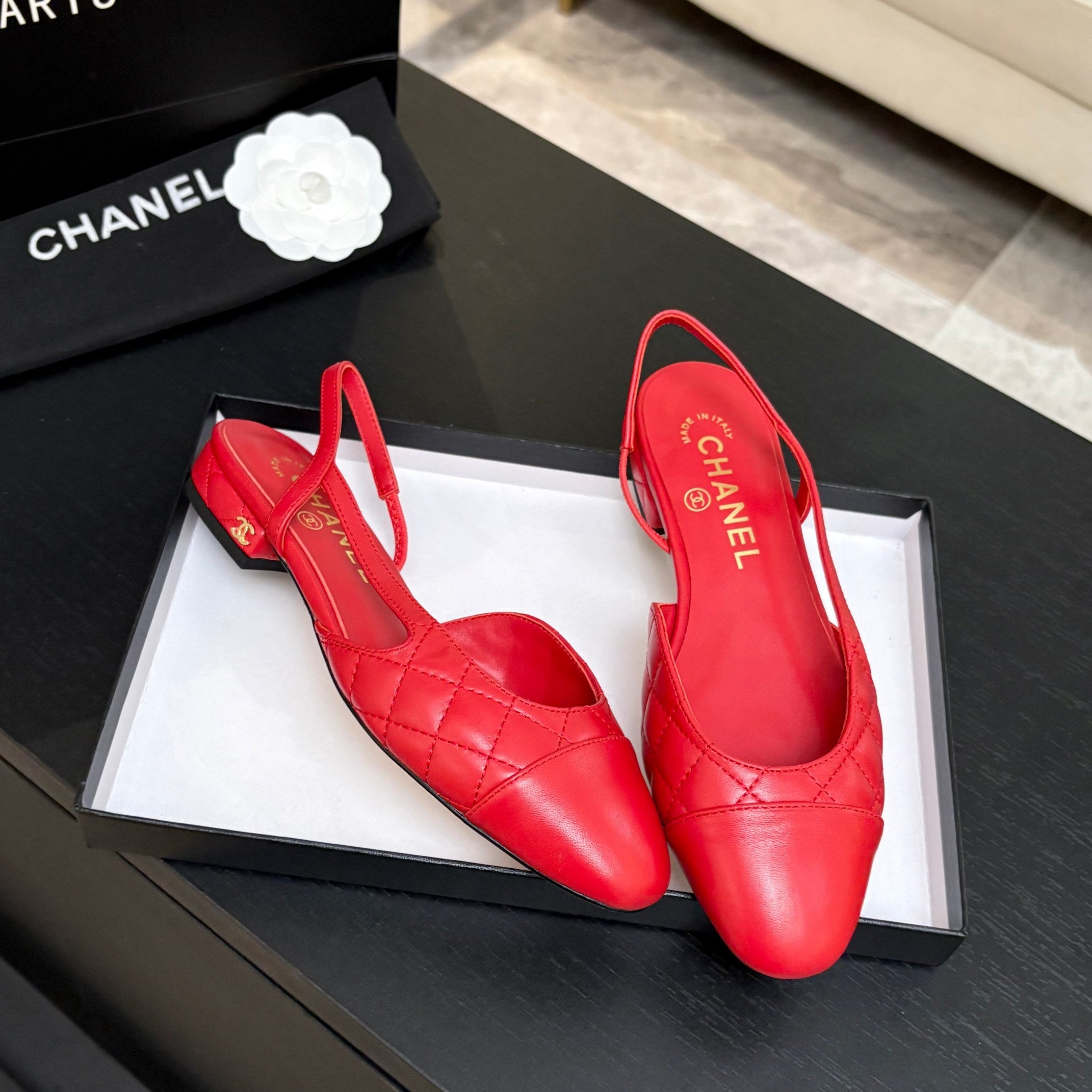 CC 26s Block Heel Slingback 1.5cm Red Quilted Lambskin 957982