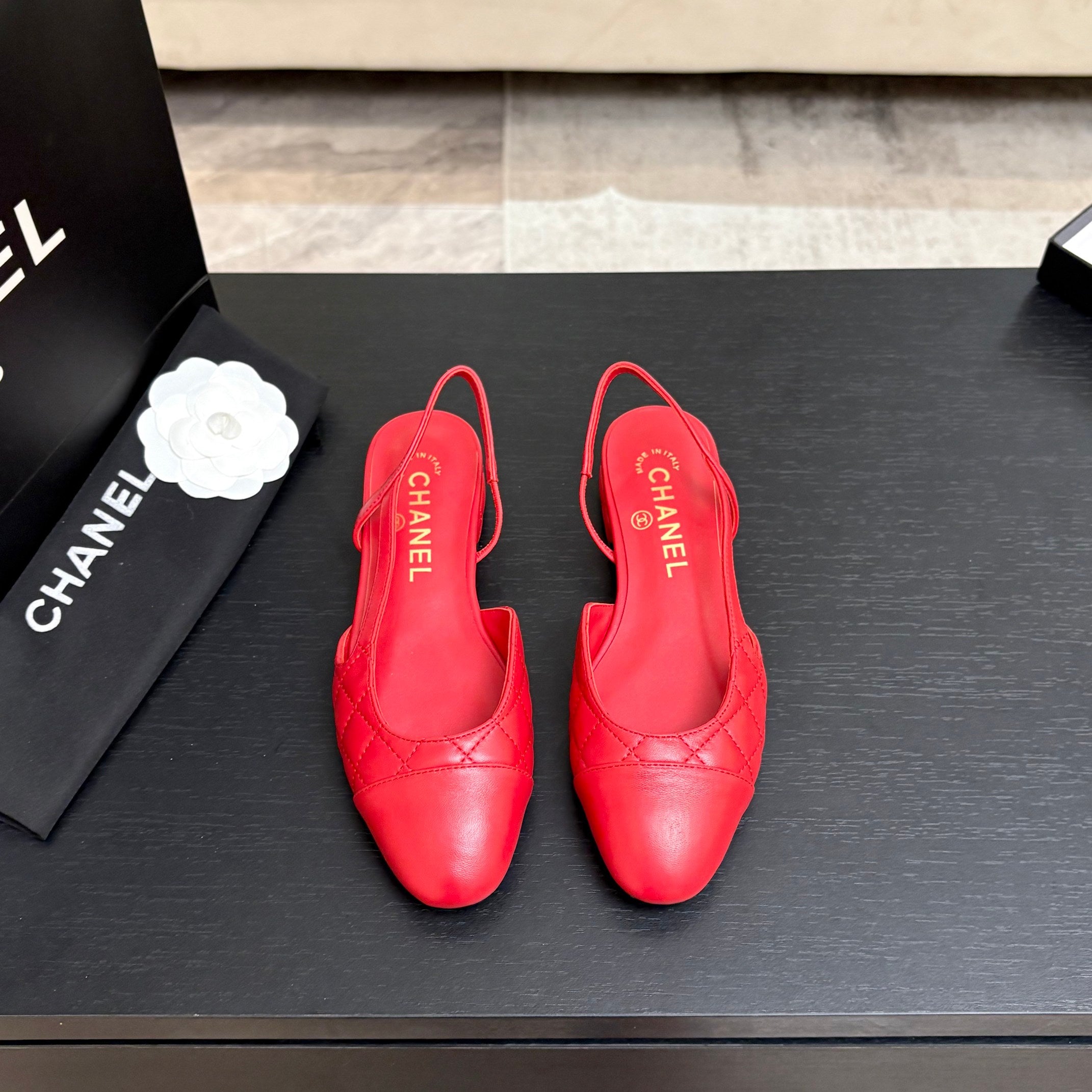 CC 26s Block Heel Slingback 1.5cm Red Quilted Lambskin 957982