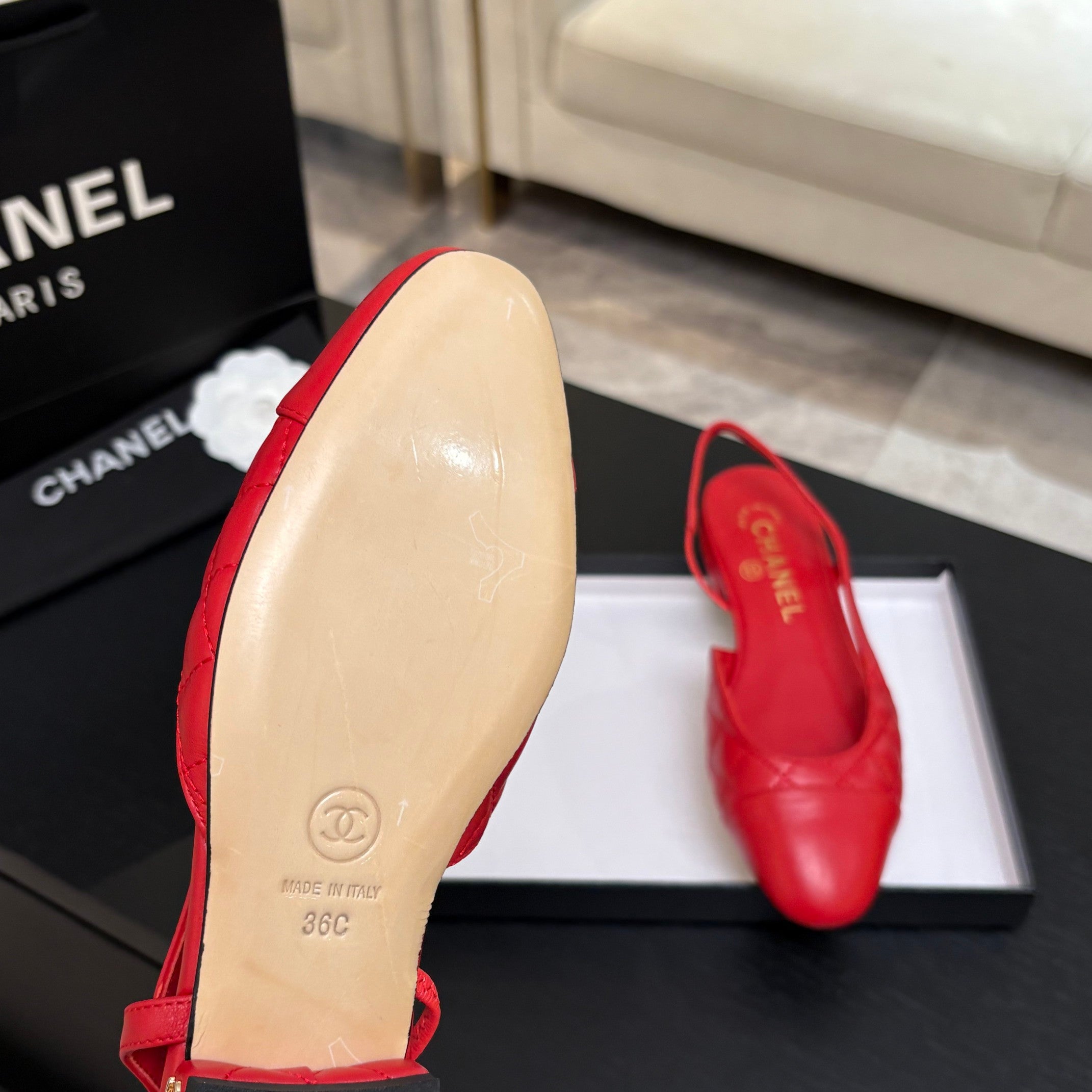 CC 26s Block Heel Slingback 1.5cm Red Quilted Lambskin 957982