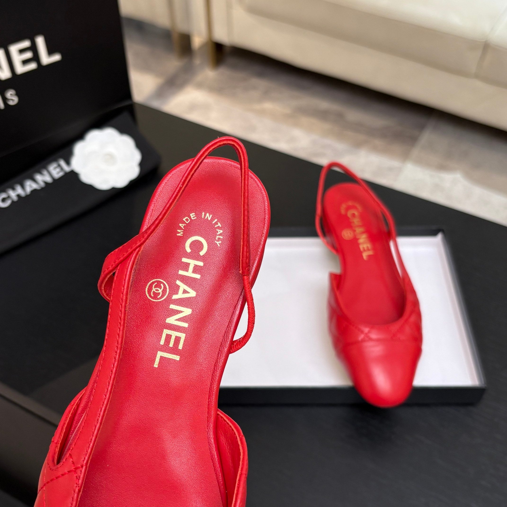 CC 26s Block Heel Slingback 1.5cm Red Quilted Lambskin 957982