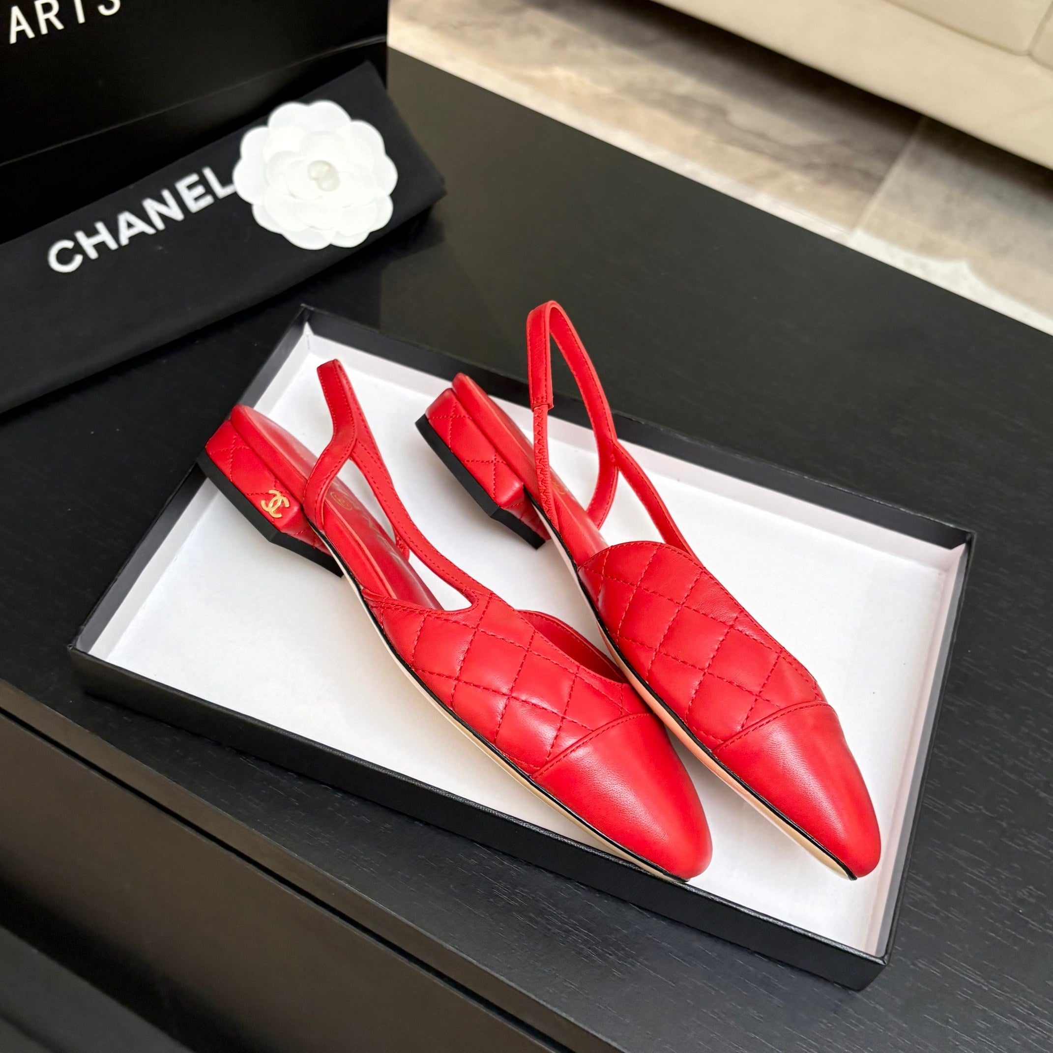 CC 26s Block Heel Slingback 1.5cm Red Quilted Lambskin 957982