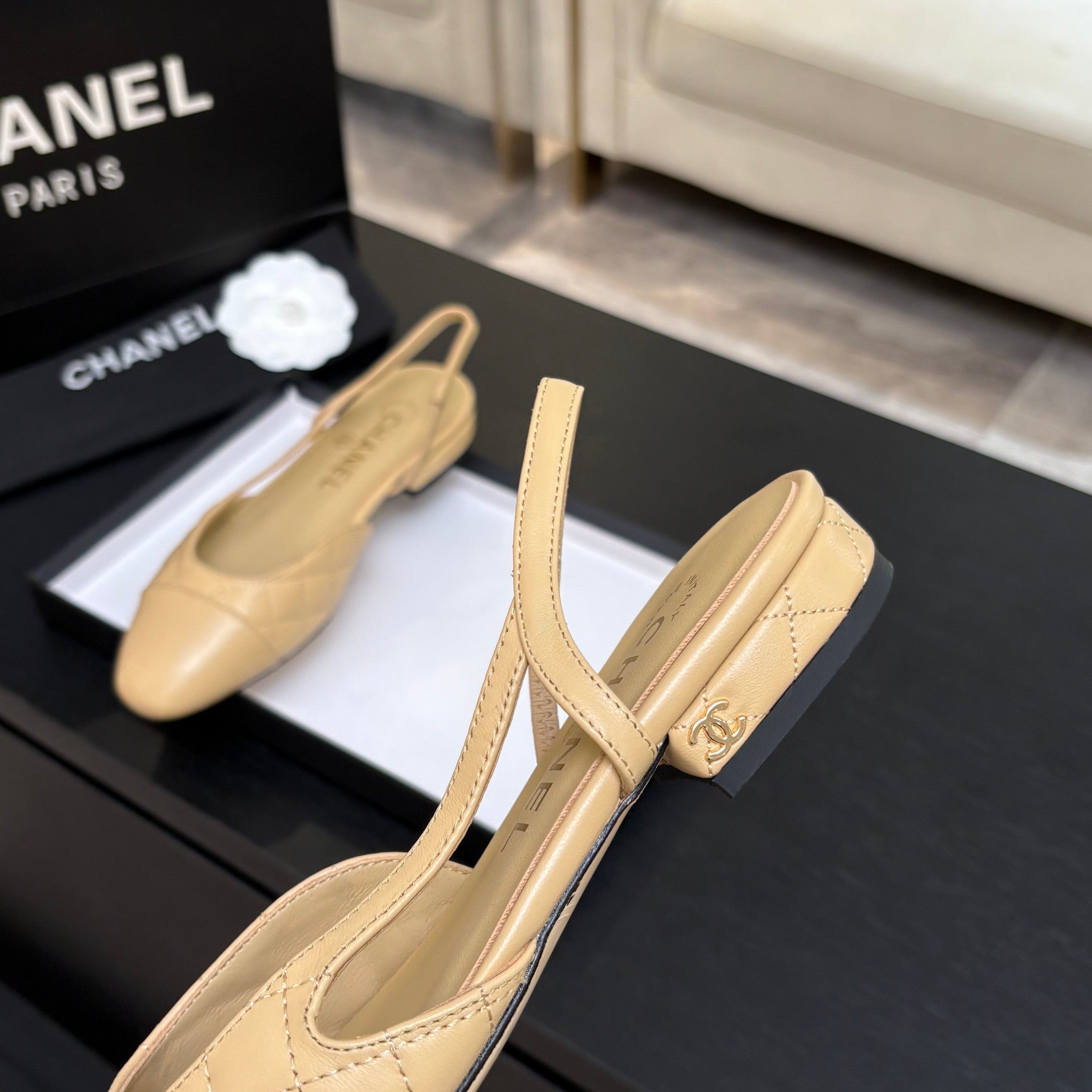 CC 26s Block Heel Slingback 1.5cm Coffee Quilted Lambskin 957983