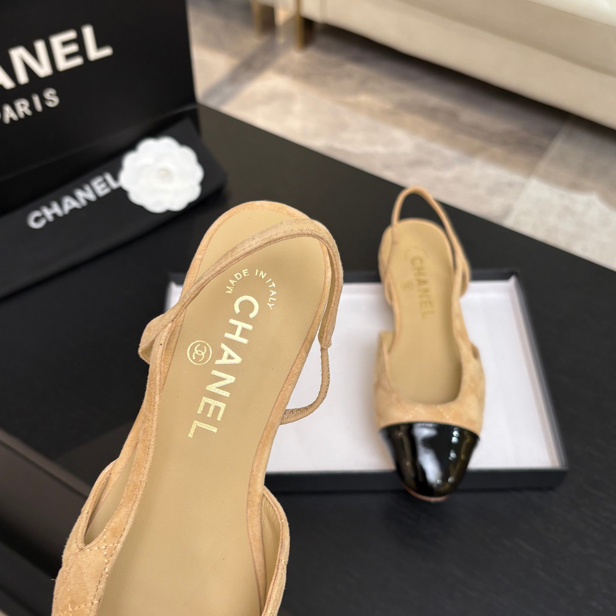 CC 26s Block Heel Slingback 1.5cm Beige Quilted Suede 957988