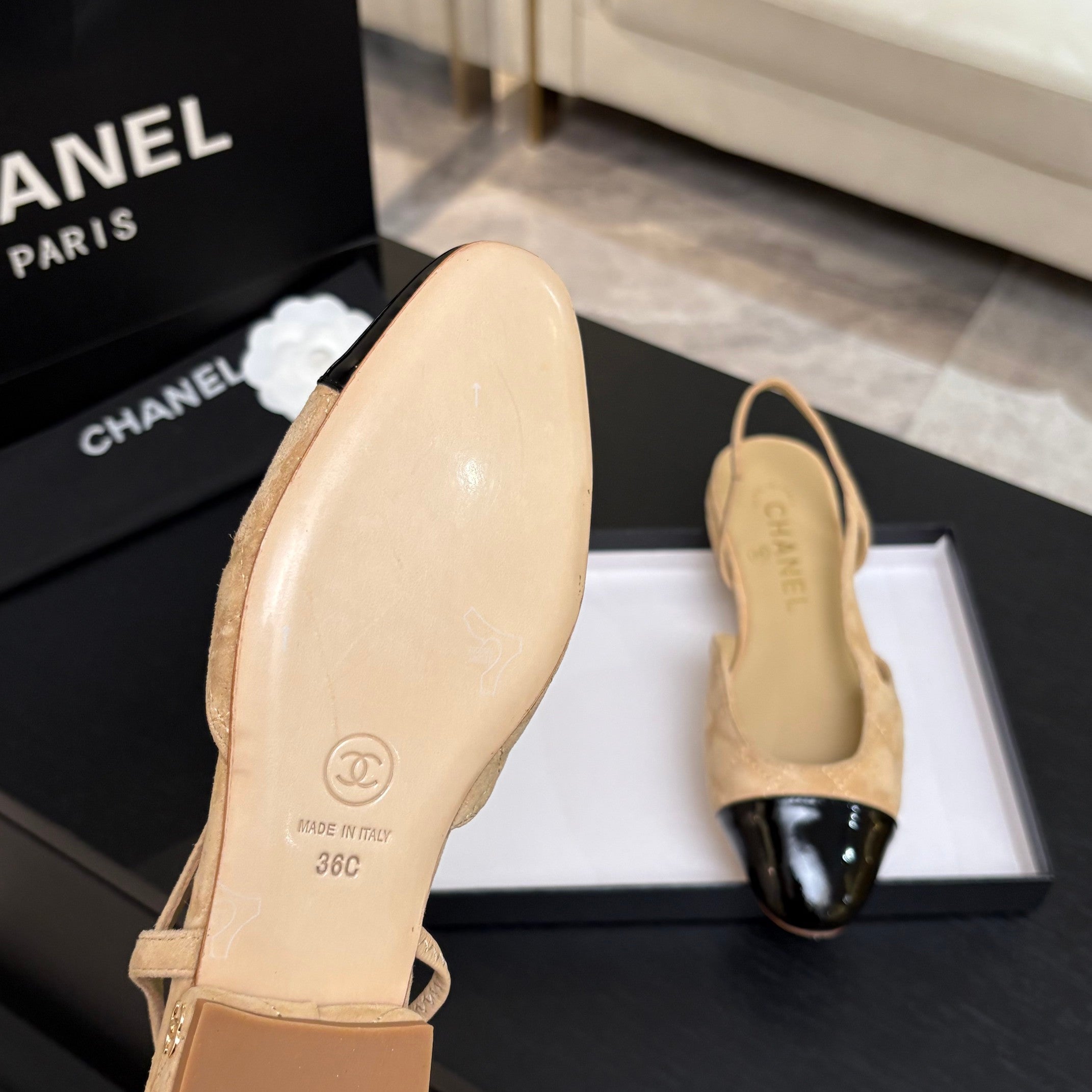 CC 26s Block Heel Slingback 1.5cm Beige Quilted Suede 957988