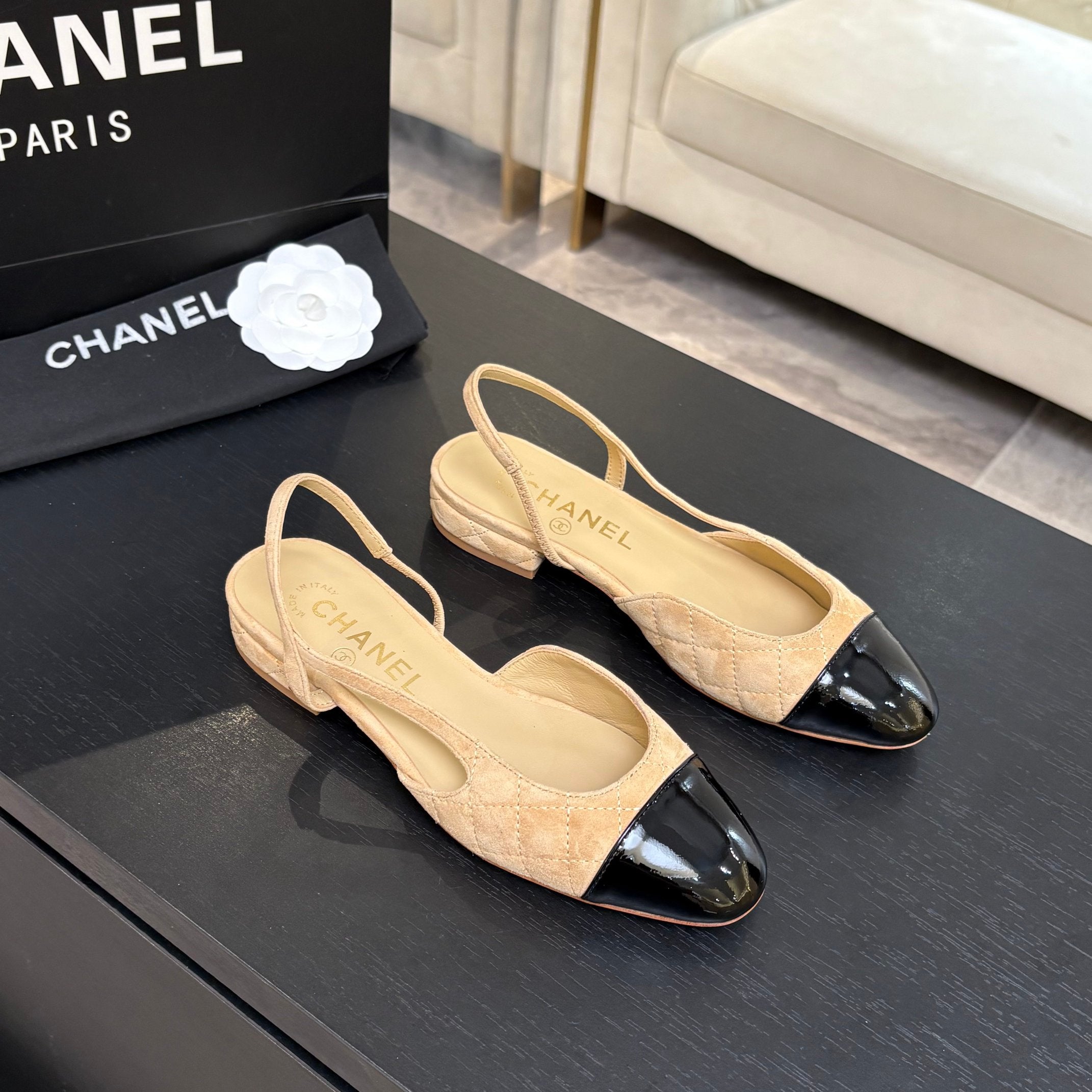 CC 26s Block Heel Slingback 1.5cm Beige Quilted Suede 957988