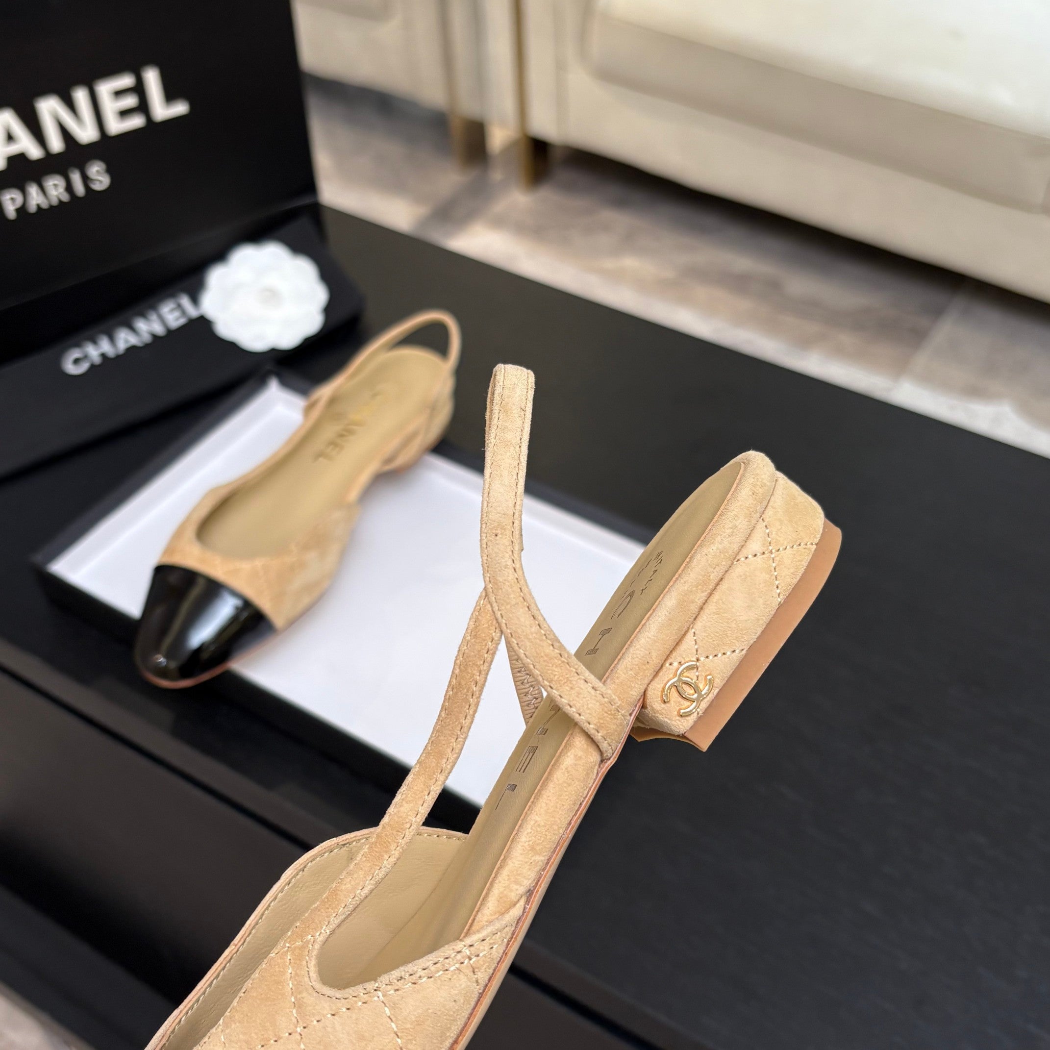 CC 26s Block Heel Slingback 1.5cm Beige Quilted Suede 957988