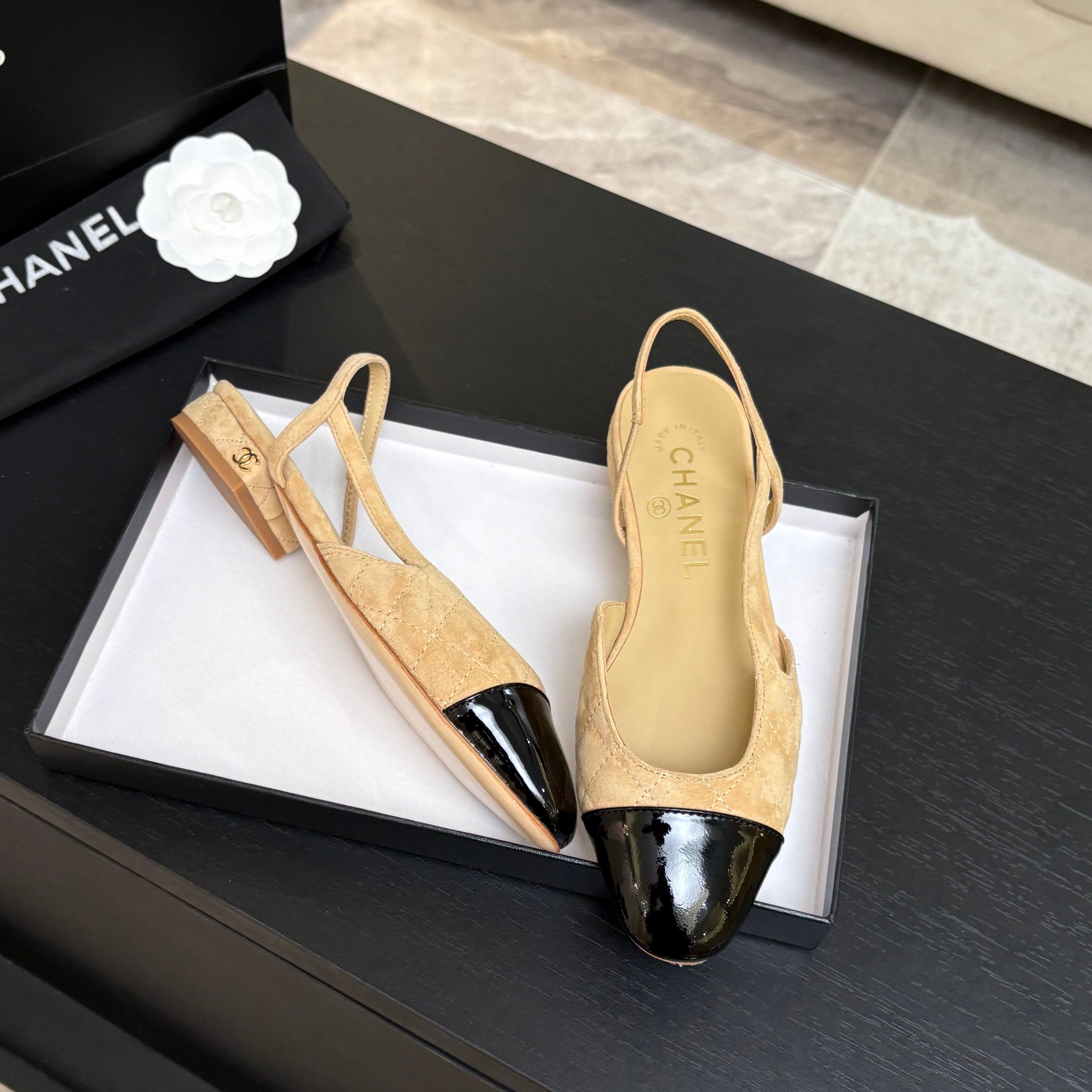 CC 26s Block Heel Slingback 1.5cm Beige Quilted Suede 957988