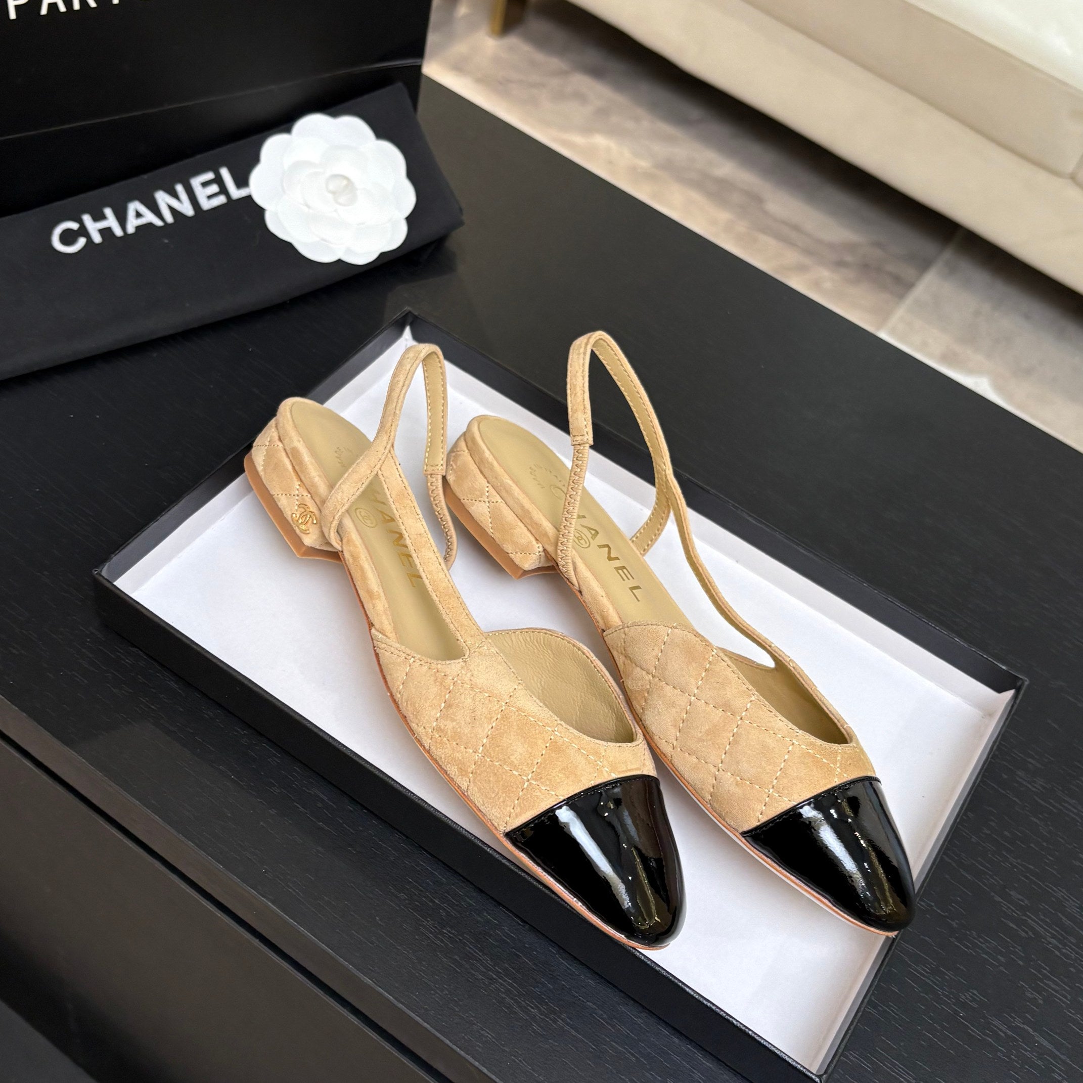 CC 26s Block Heel Slingback 1.5cm Beige Quilted Suede 957988