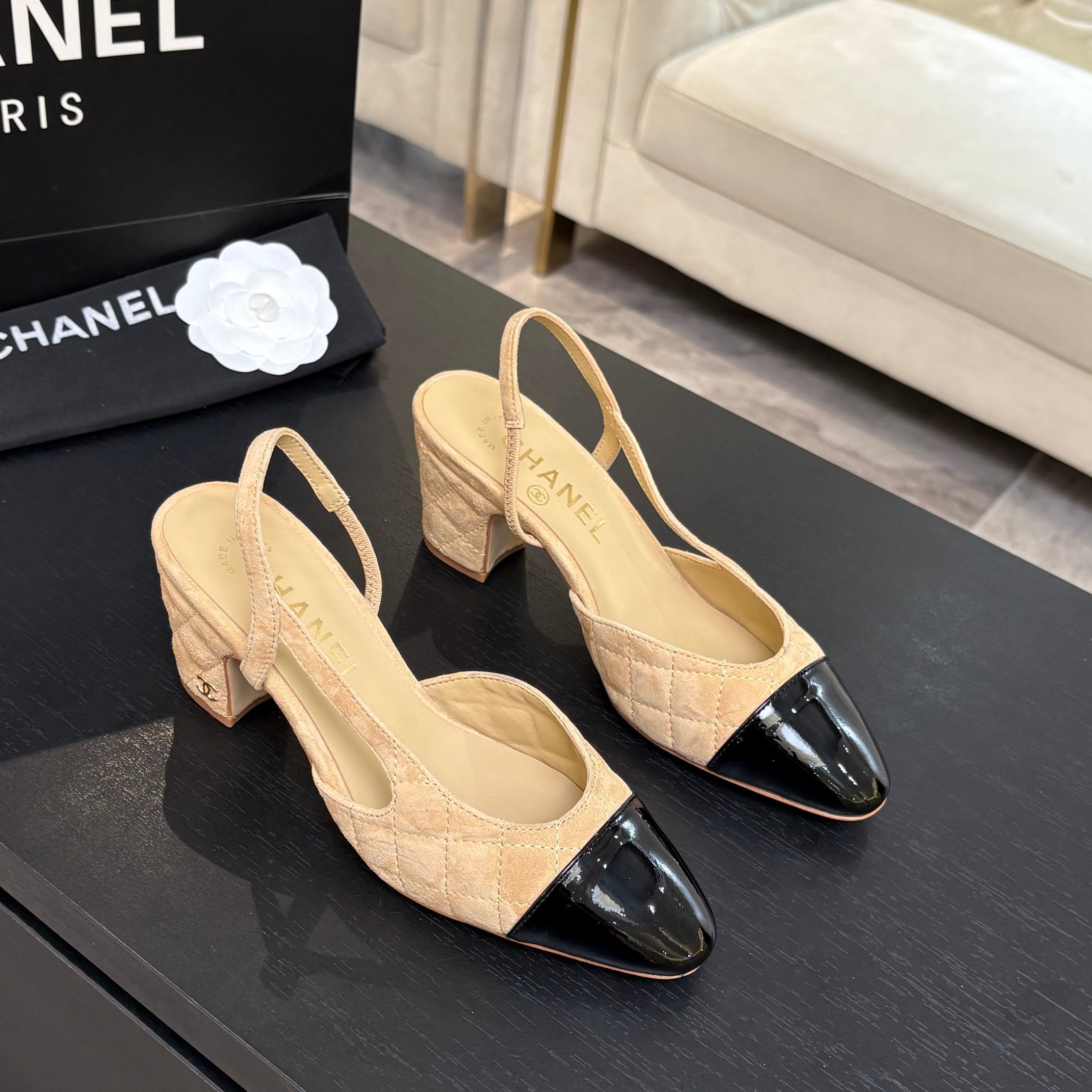 CC 26s Block Heel Slingback 6cm Beige Quilted Suede 957989
