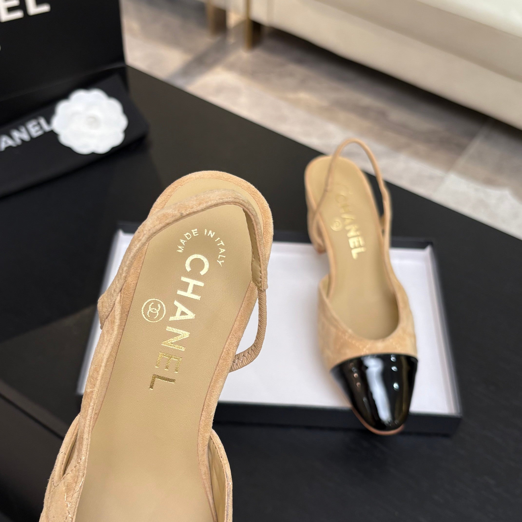 CC 26s Block Heel Slingback 6cm Beige Quilted Suede 957989