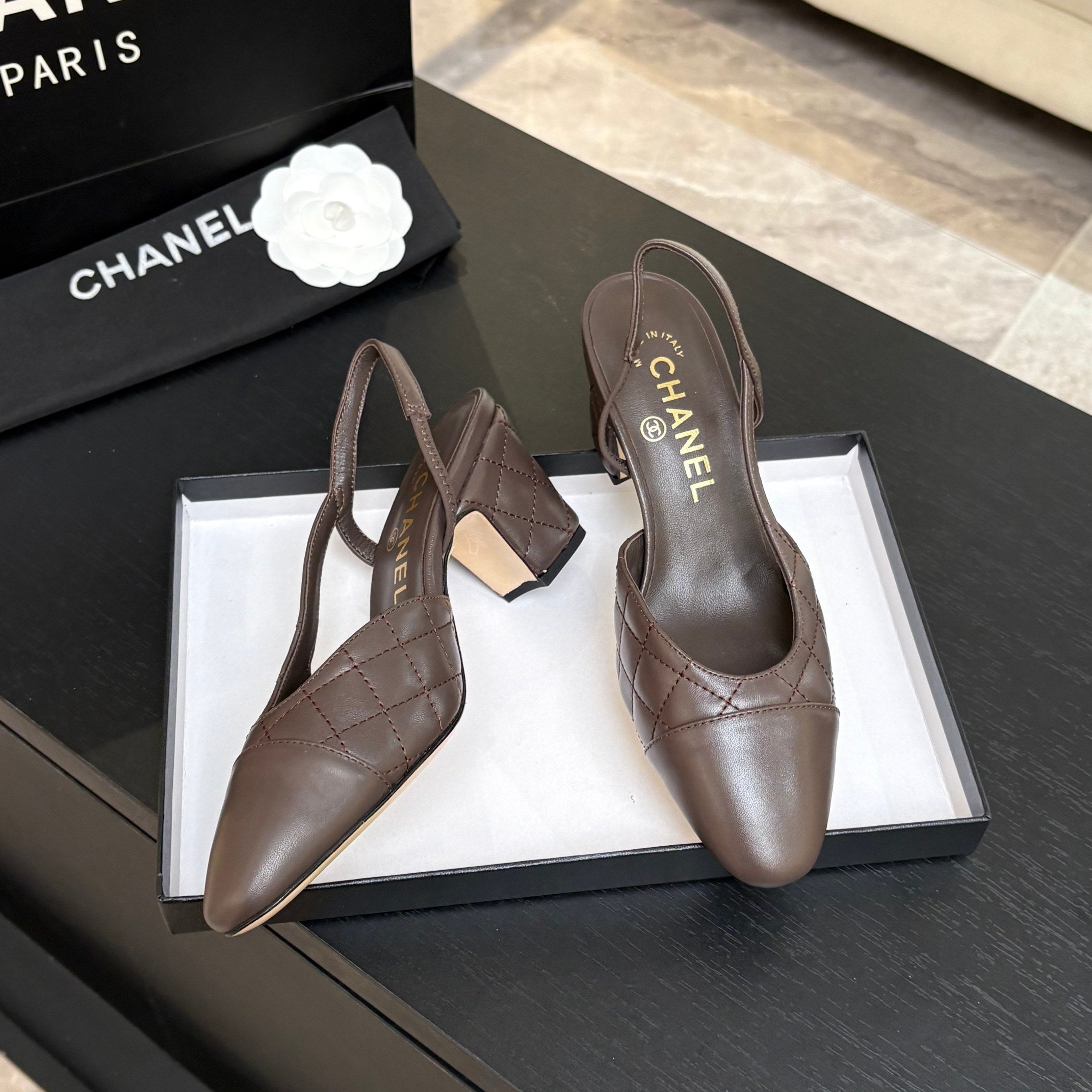 CC 26s Block Heel Slingback 6cm Coffee Quilted Lambskin 957991