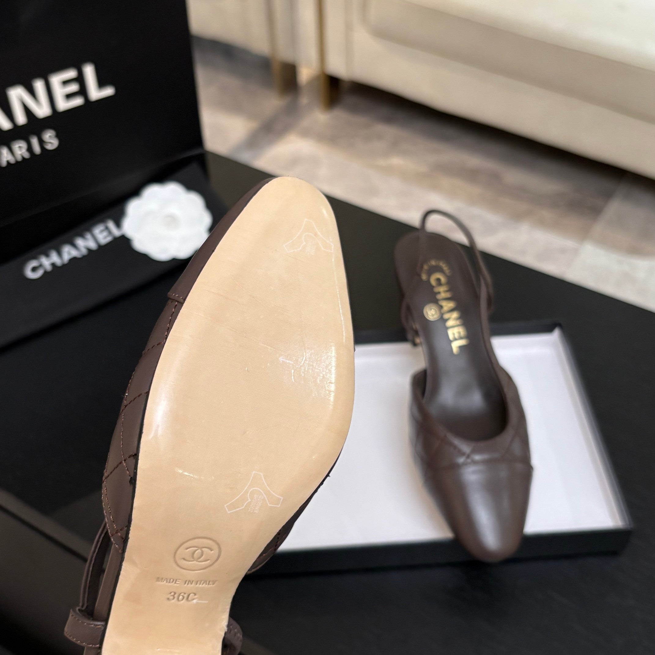CC 26s Block Heel Slingback 6cm Coffee Quilted Lambskin 957991