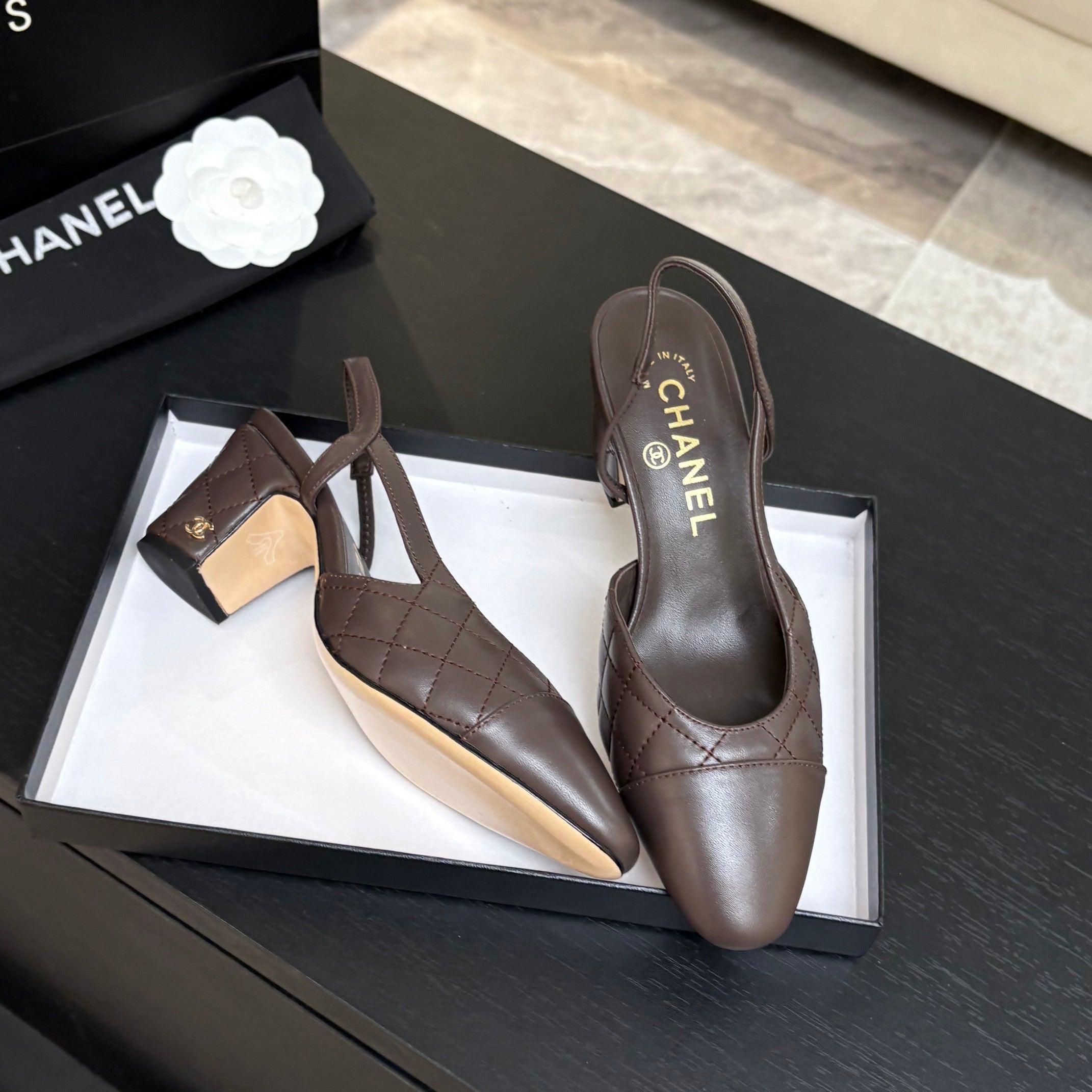 CC 26s Block Heel Slingback 6cm Coffee Quilted Lambskin 957991