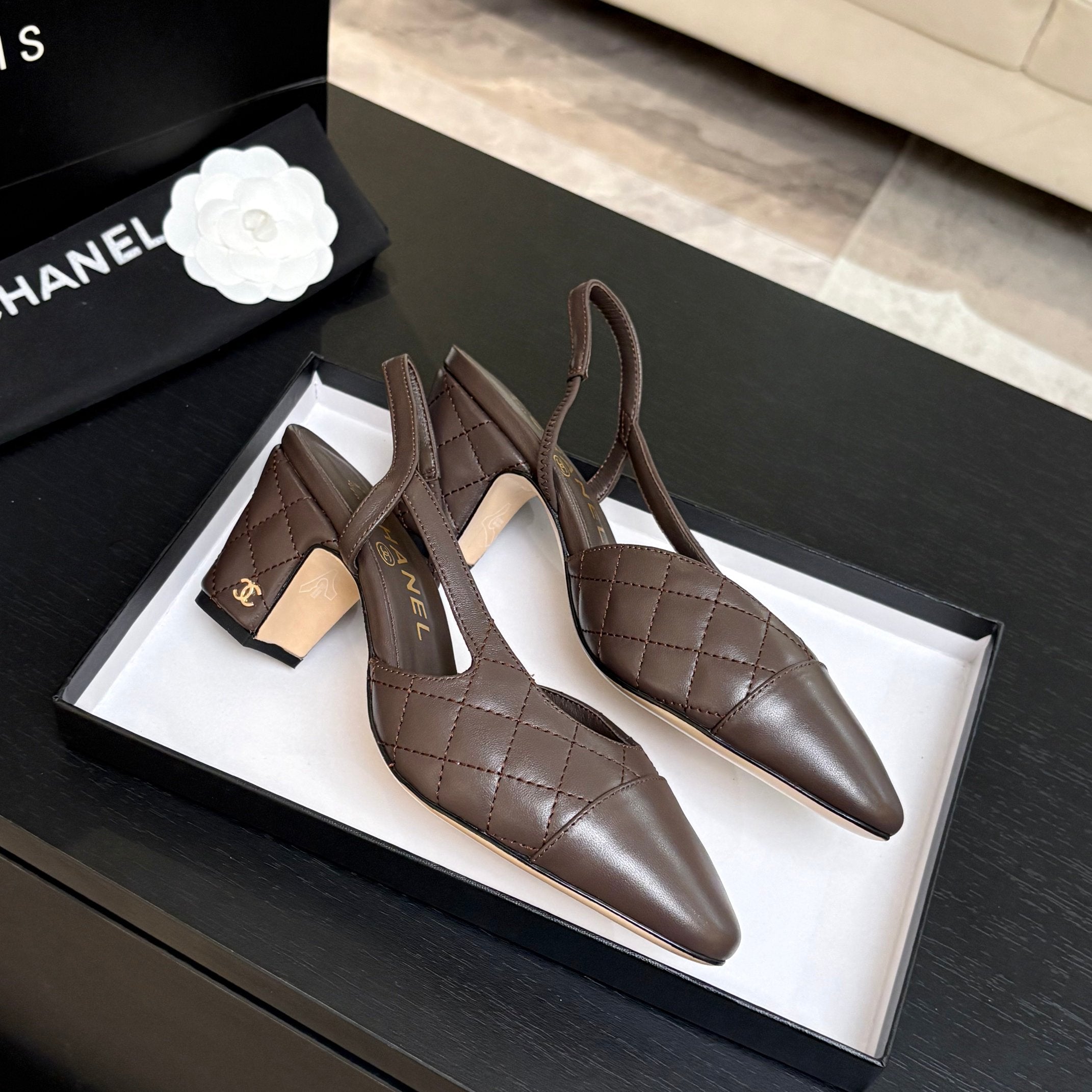 CC 26s Block Heel Slingback 6cm Coffee Quilted Lambskin 957991