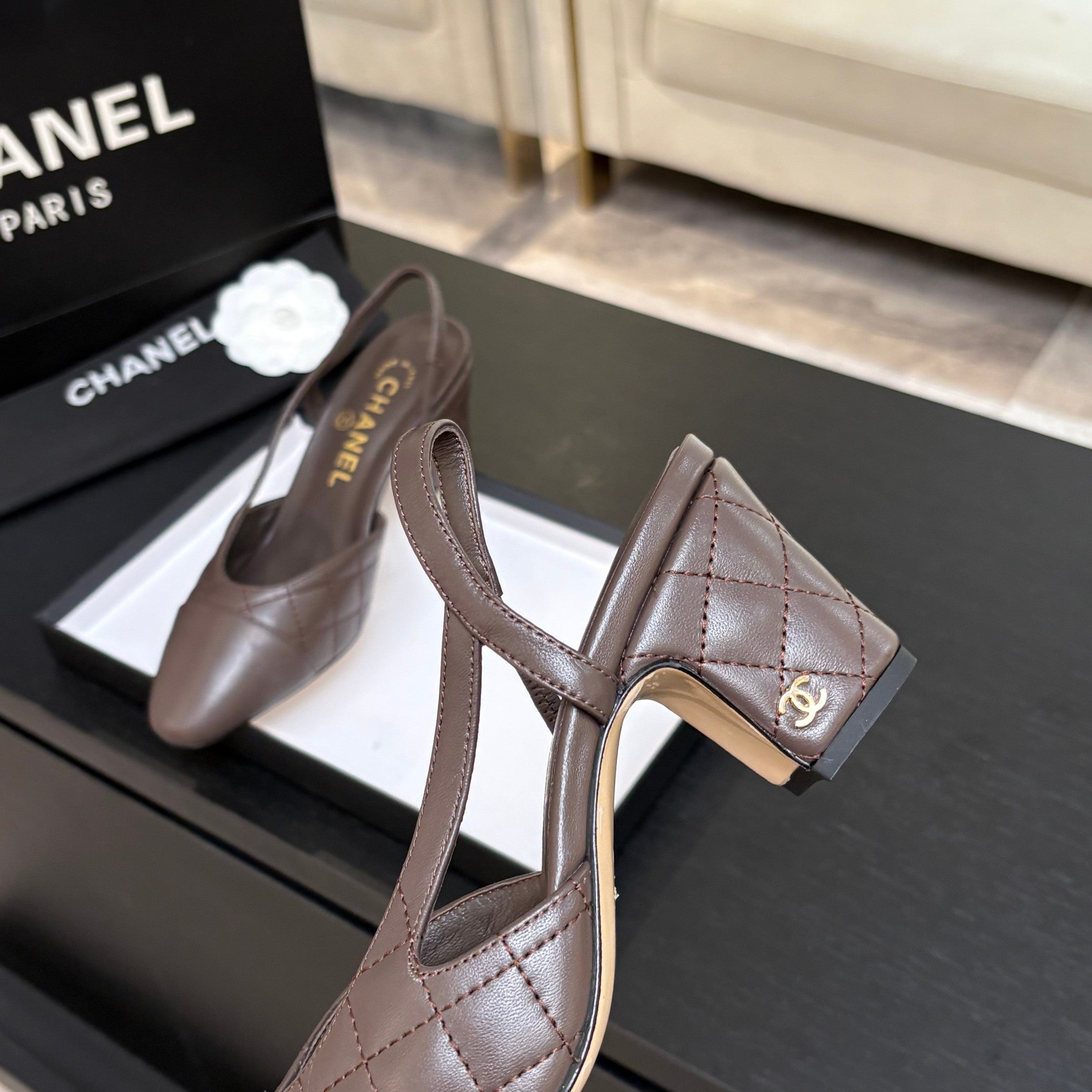 CC 26s Block Heel Slingback 6cm Coffee Quilted Lambskin 957991