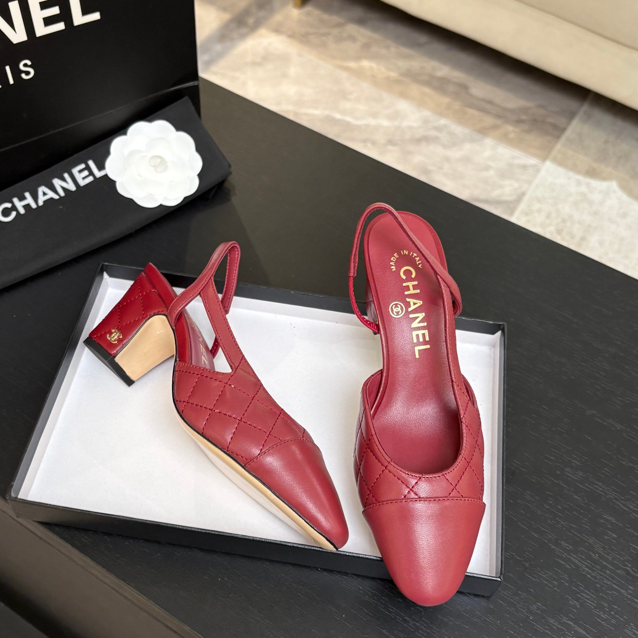 CC 26s Block Heel Slingback 6cm Burgundy Quilted Lambskin 957993