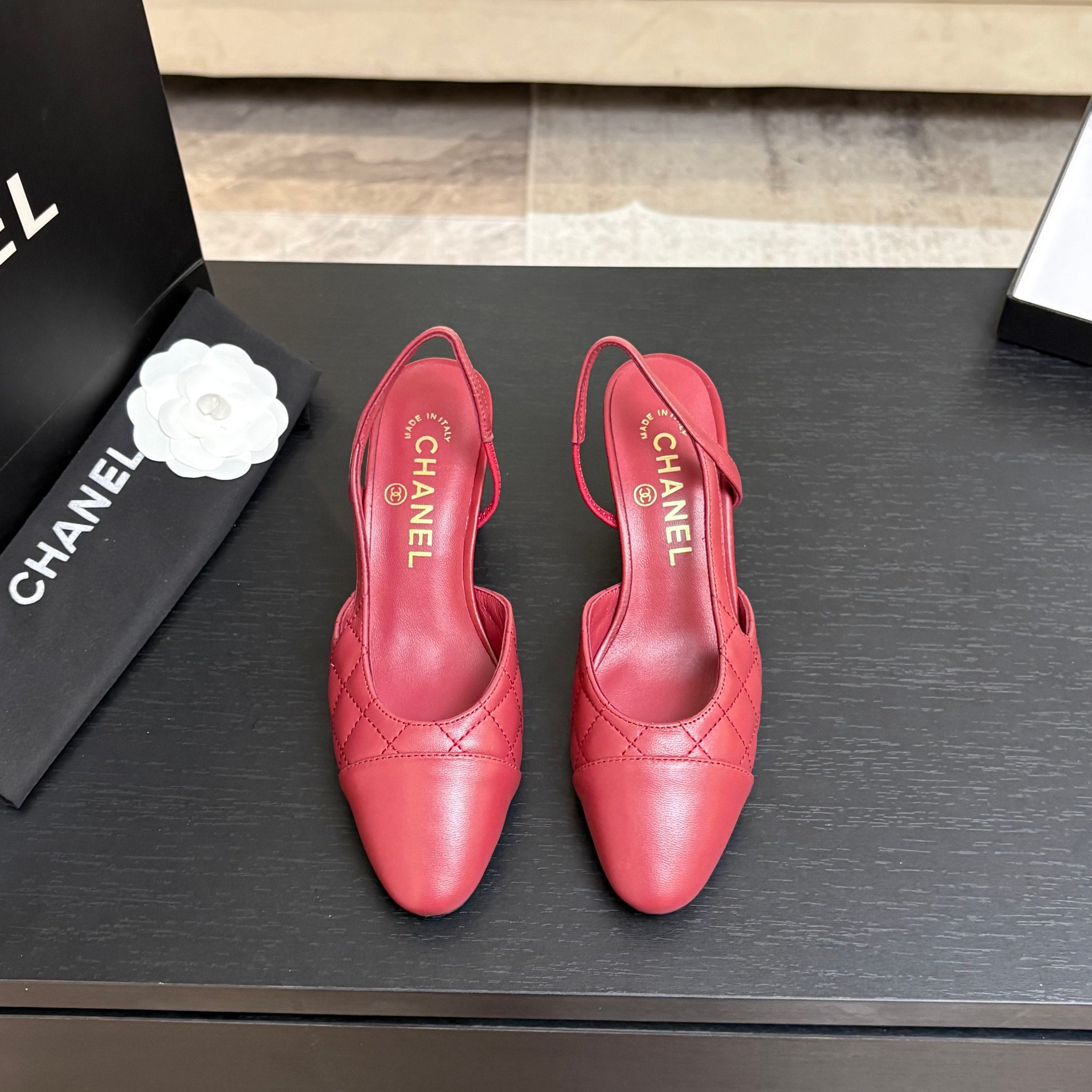 CC 26s Block Heel Slingback 6cm Burgundy Quilted Lambskin 957993