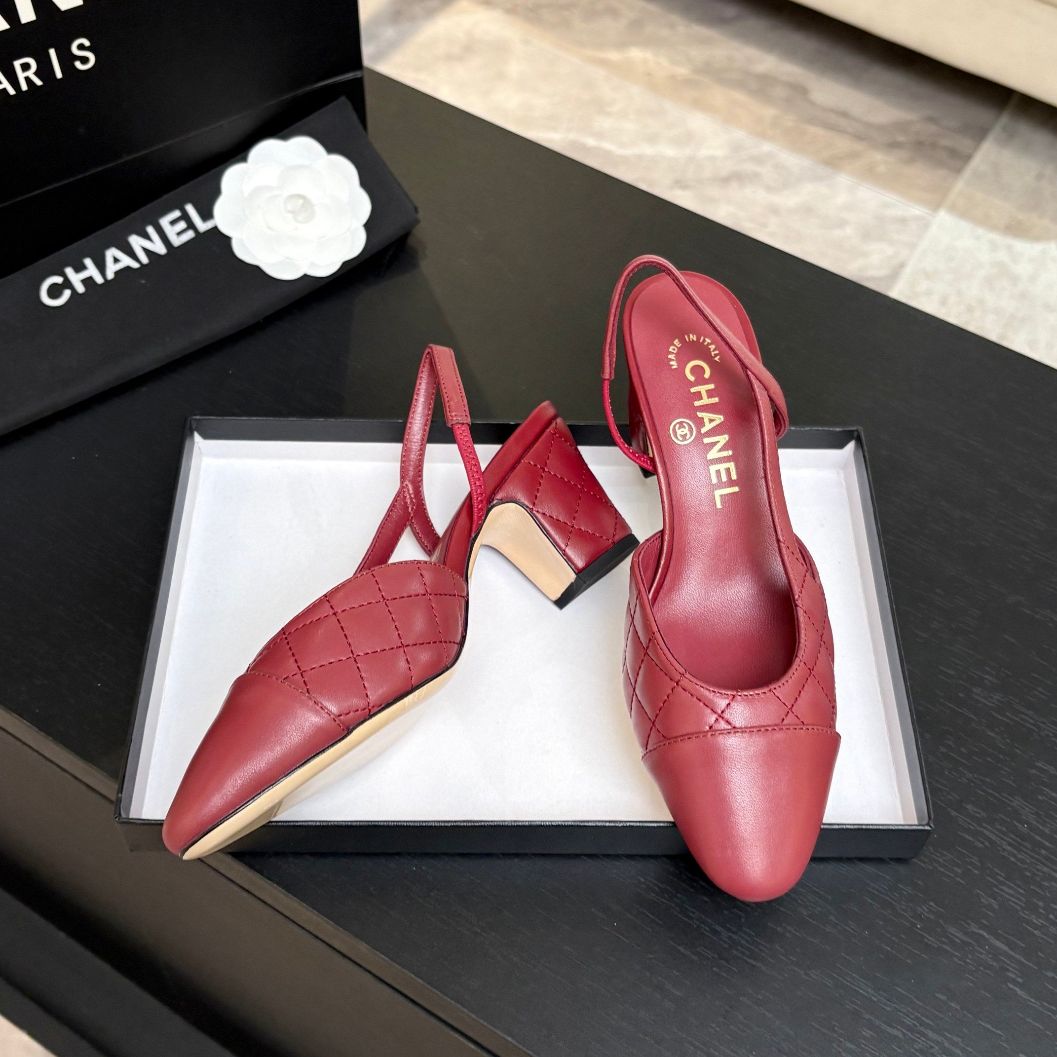 CC 26s Block Heel Slingback 6cm Burgundy Quilted Lambskin 957993