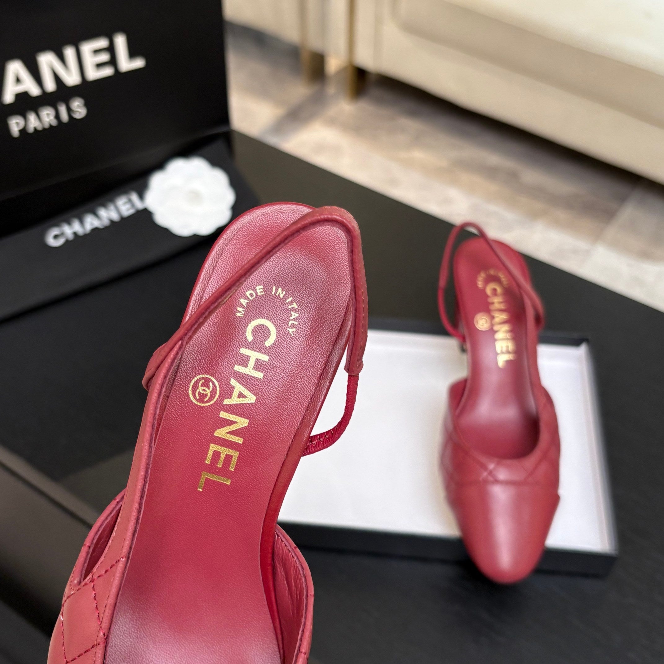 CC 26s Block Heel Slingback 6cm Burgundy Quilted Lambskin 957993