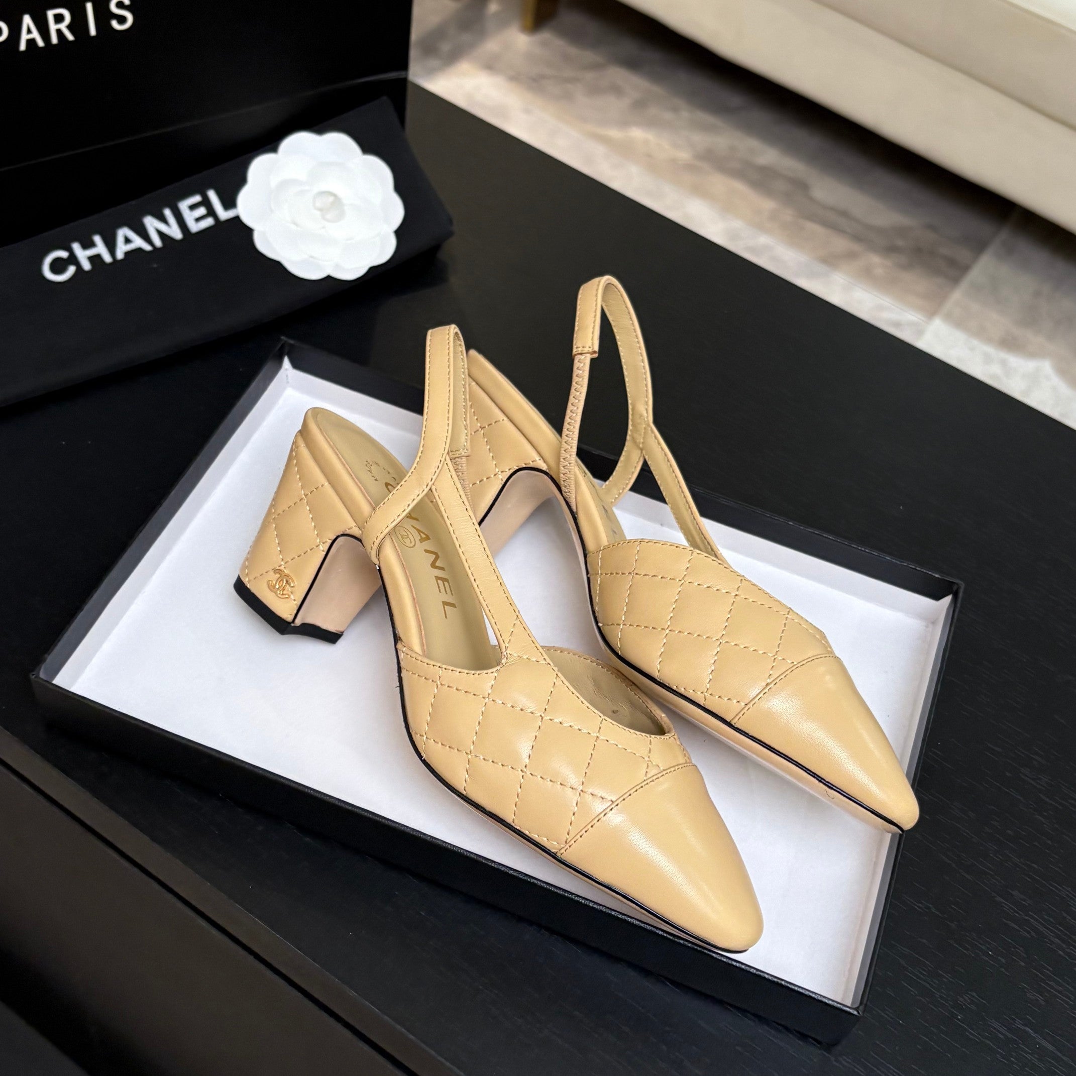 CC 26s Block Heel Slingback 6cm Beige Quilted Lambskin 957994